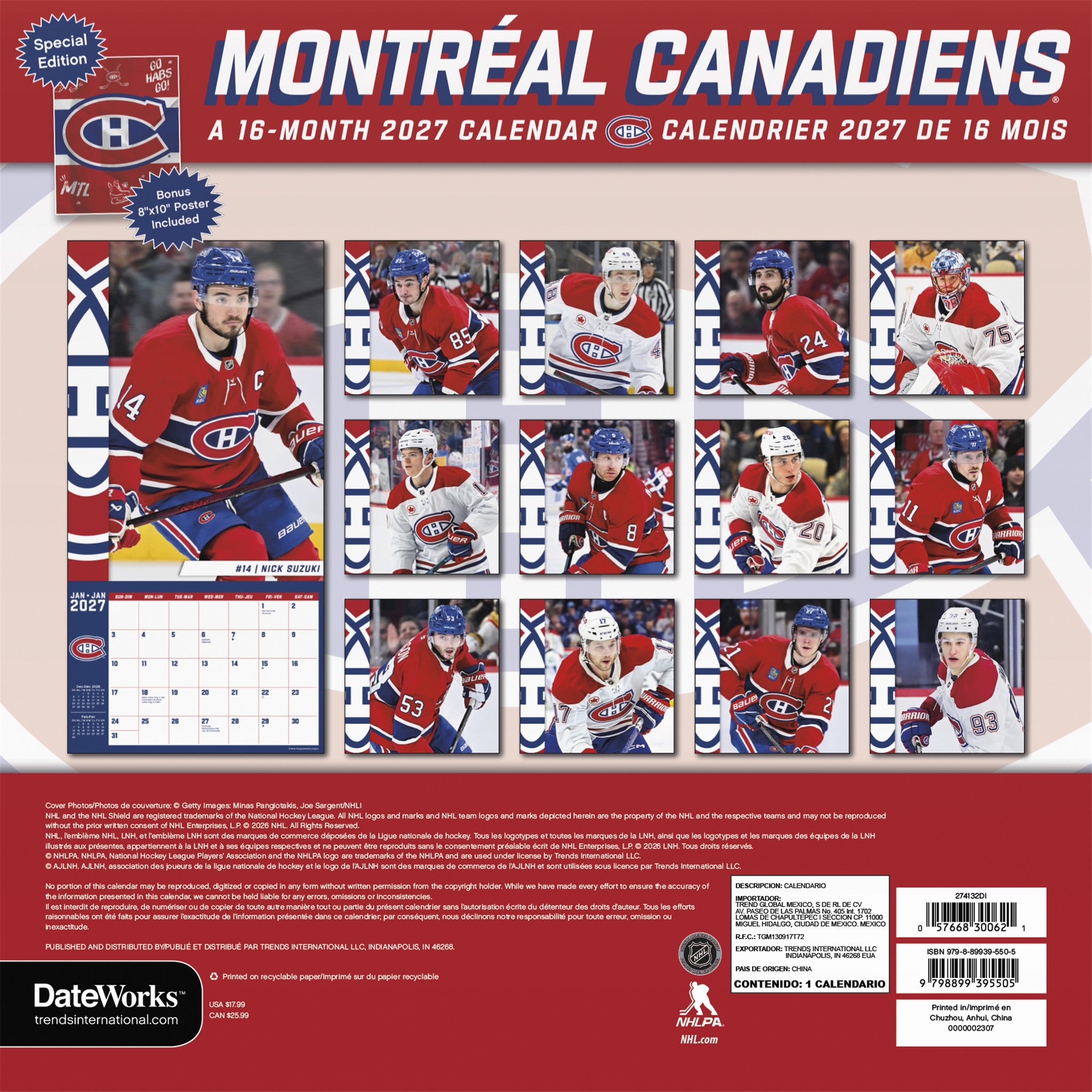 NHL Montreal Canadiens Exclusive with Print 2027 Wall Calendar