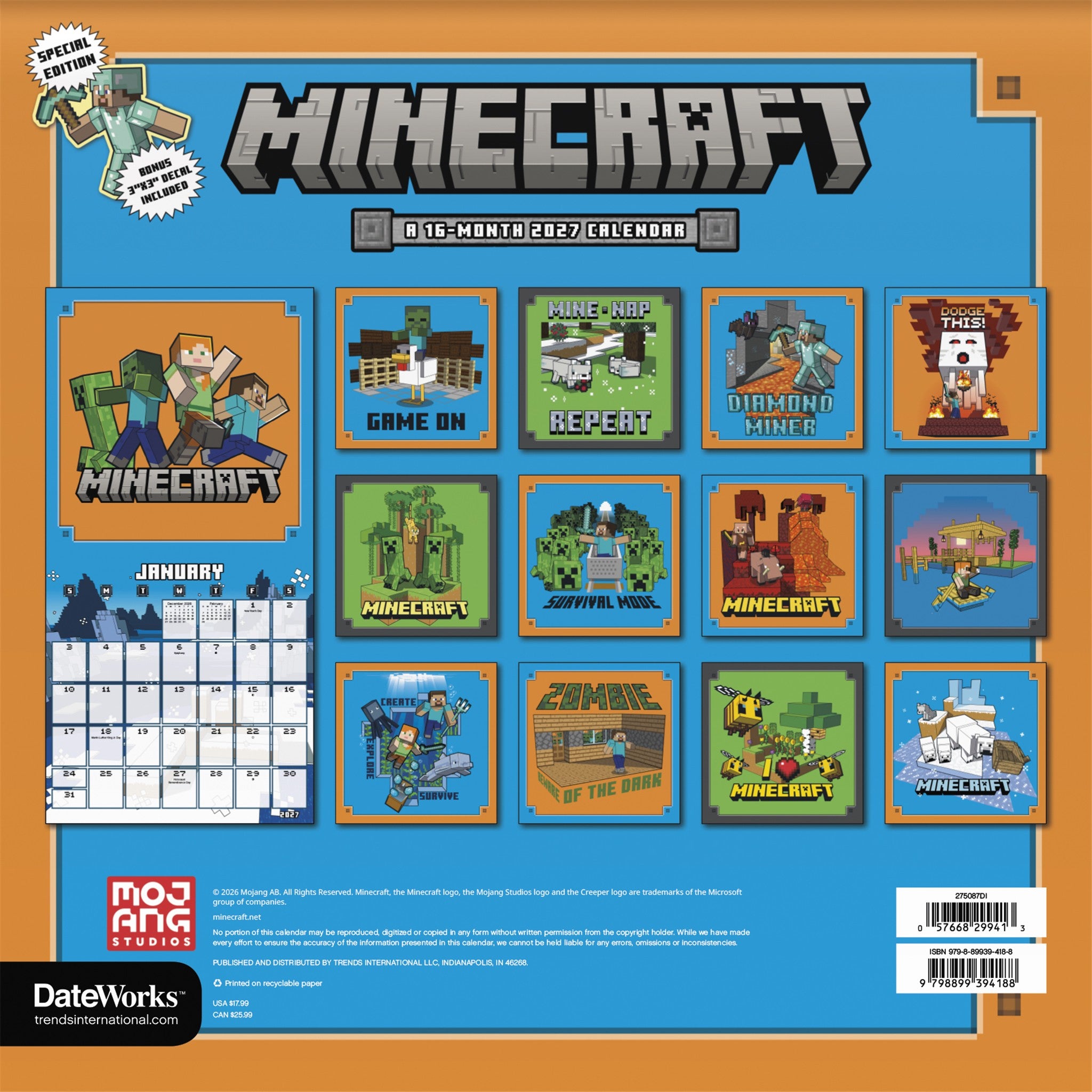 Minecraft Exclusive with Decal 2027 Wall Calendar