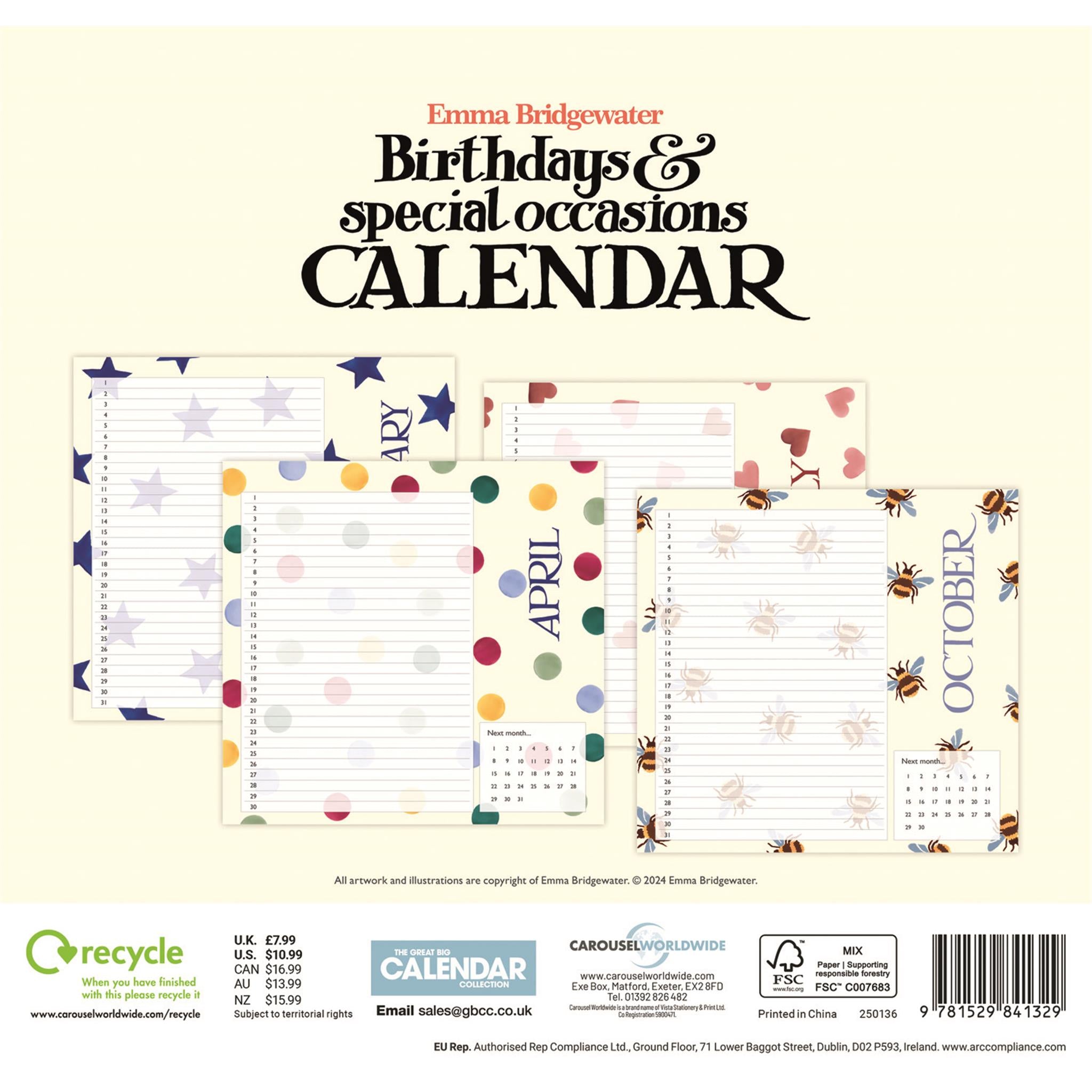Emma Bridgewater Birthday and Special Occasions (Undated) Mini Calendar