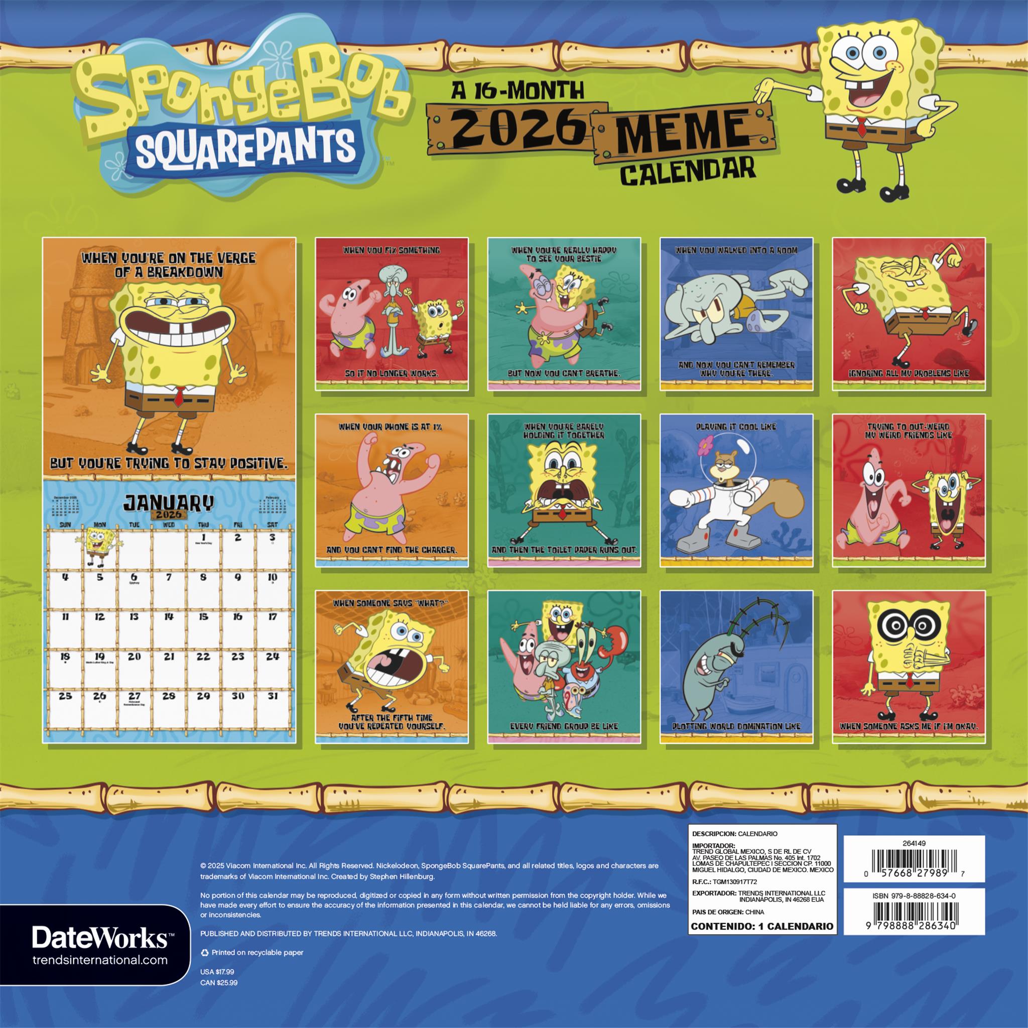 Spongebob Squarepants 2026 Wall Calendar