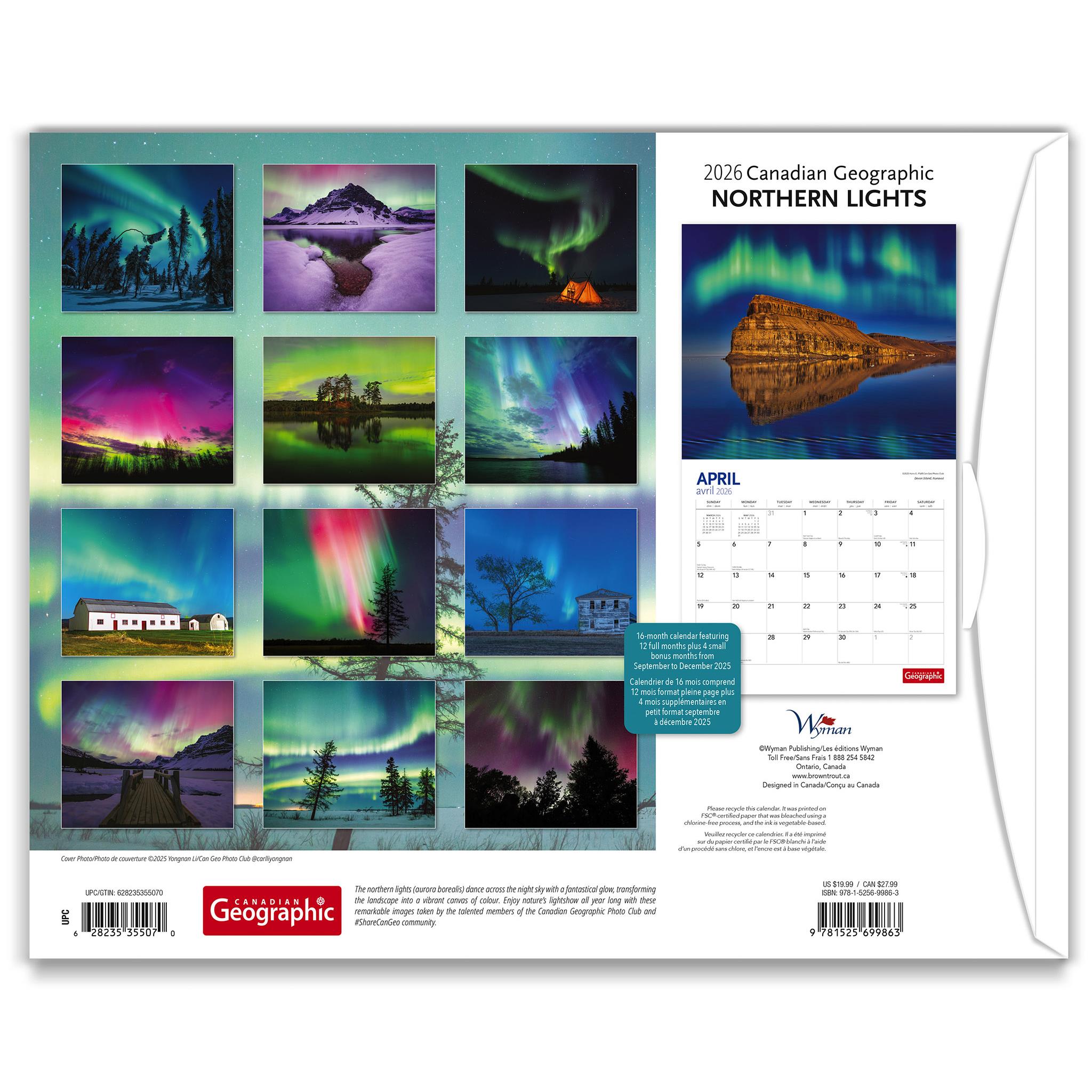 Canadian Geographic Northern Lights 2026 Wall Calendar