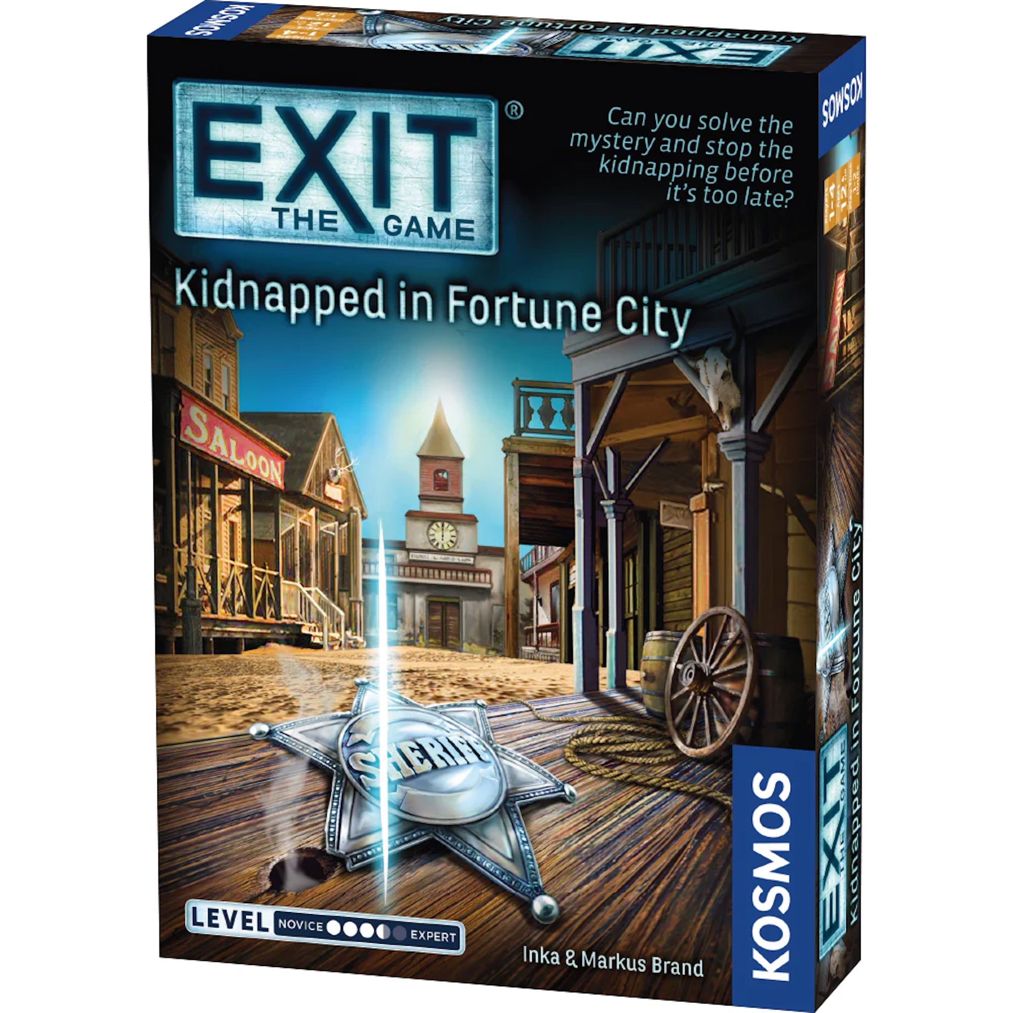 Box cover for the board game EXIT Kidnapped in Fortune City, featuring an illustration of a Wild West town with a prominent sheriffs star and a clock tower.
