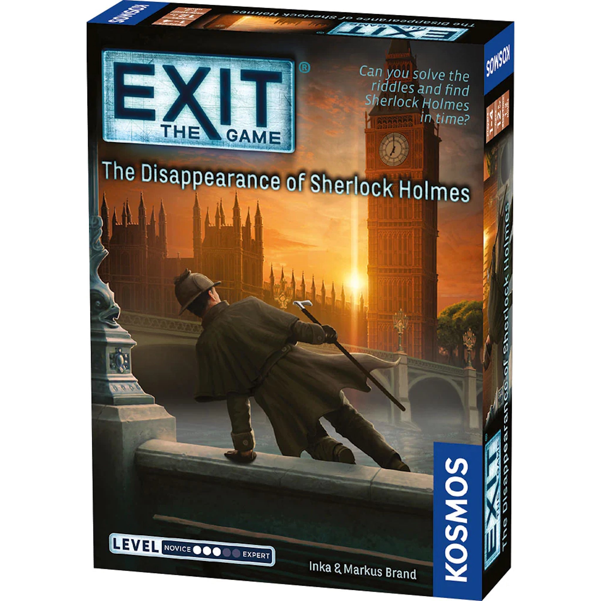 Box cover for the EXIT game series featuring 'The Disappearance of Sherlock Holmes' scenario. The image shows a man in Victorian clothing, presumably Sherlock Holmes, against a backdrop of London's Big Ben.