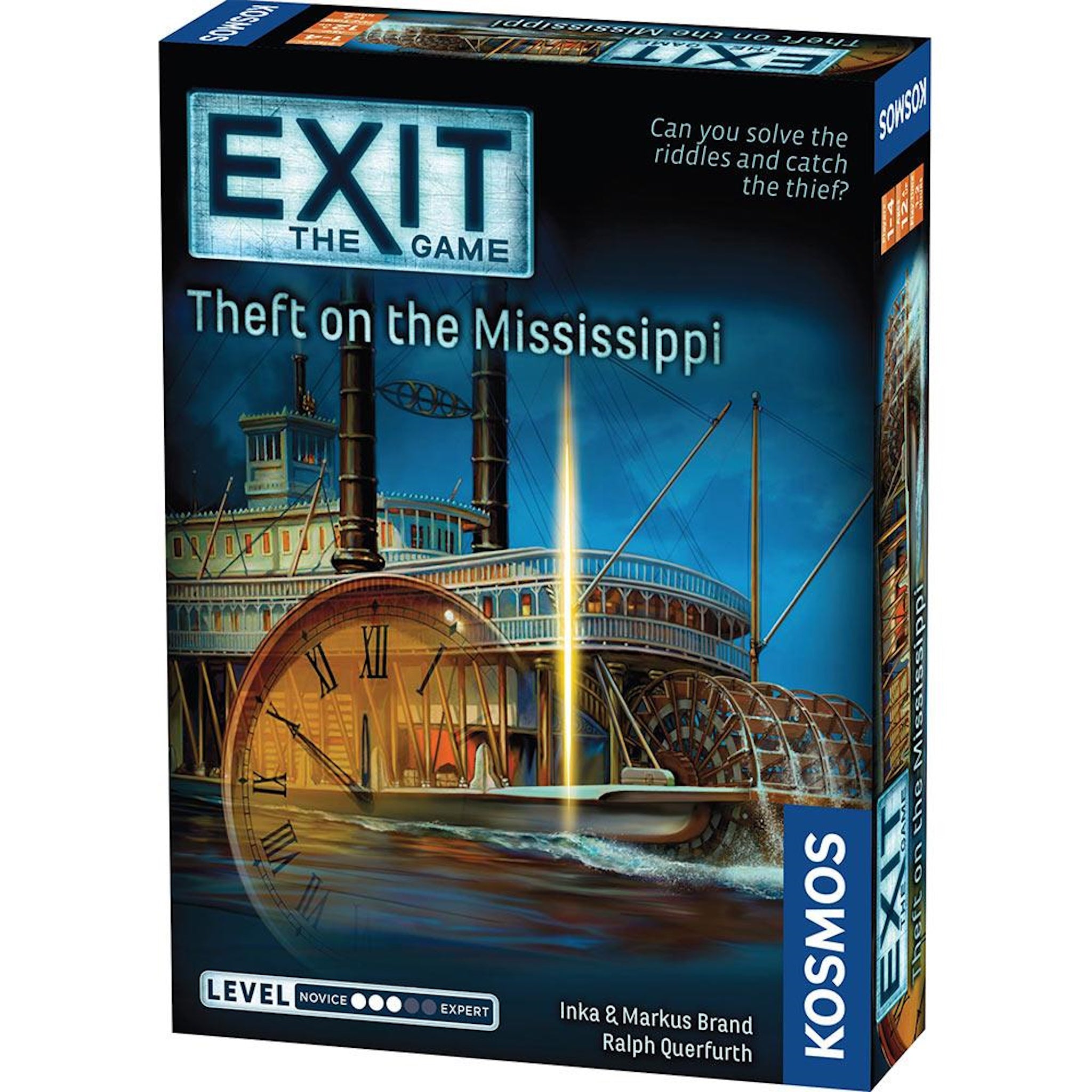 Box cover for the EXIT game 'Theft on the Mississippi', featuring an illustration of a paddle-wheel steamboat on the Mississippi River at dusk.