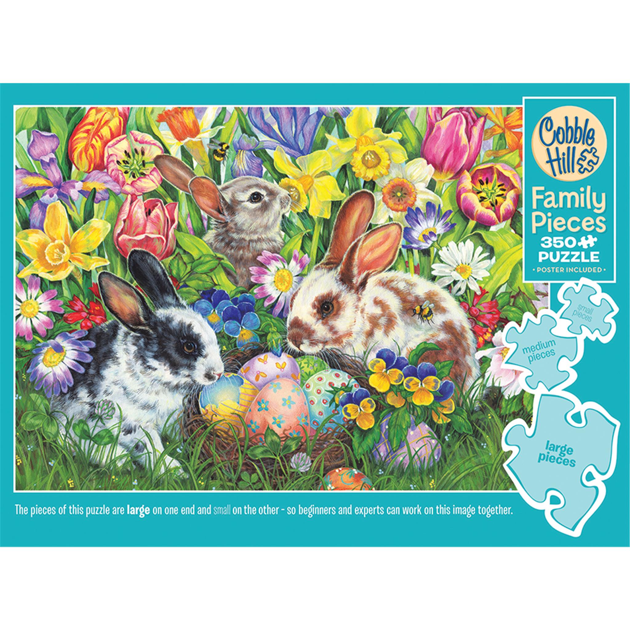 A jigsaw puzzle depicting three bunnies and Easter eggs hidden in a flower garden, with puzzle pieces scattered around.