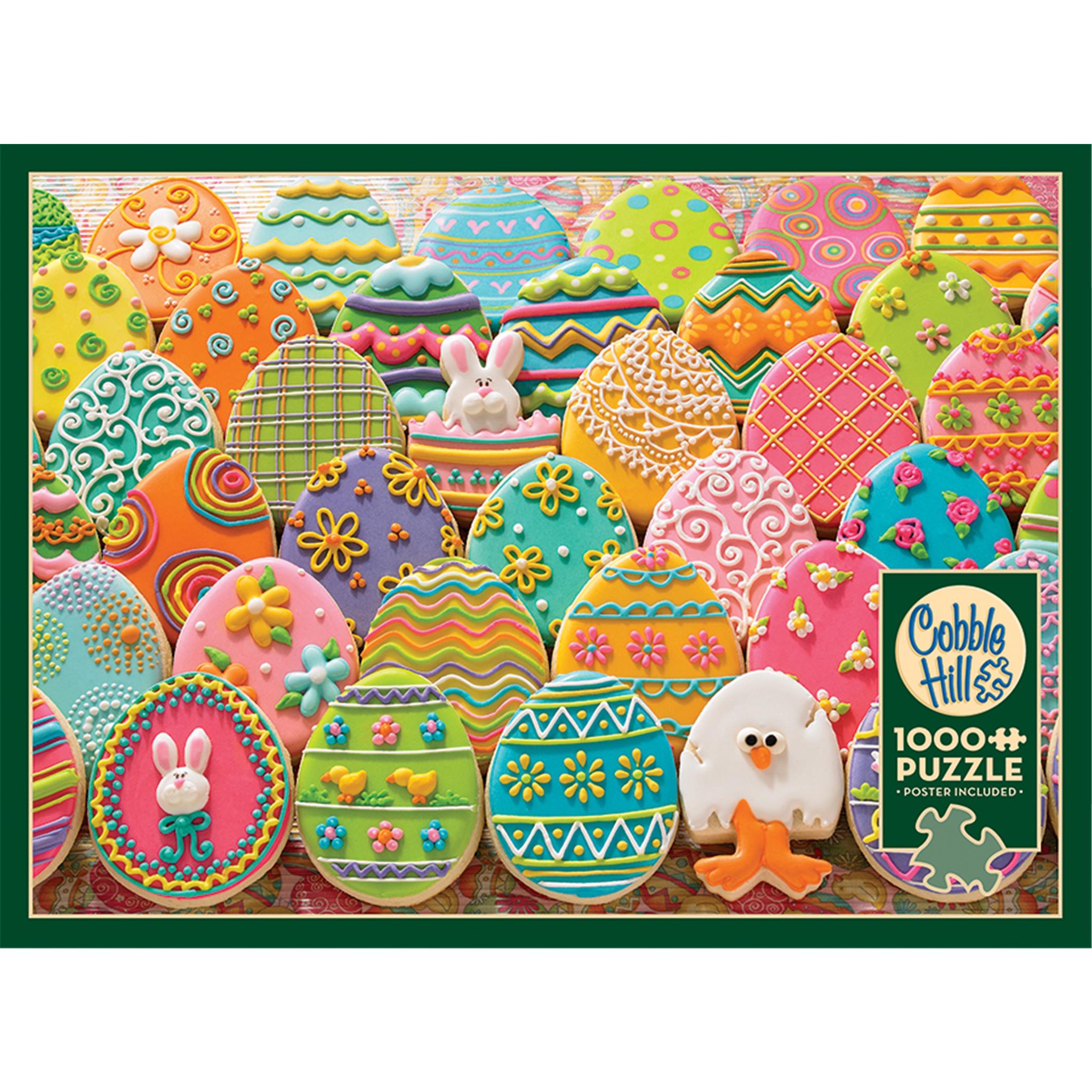 A 1000 piece Cobble Hill jigsaw puzzle box featuring colorful Easter egg-shaped cookies with various decorations and designs.