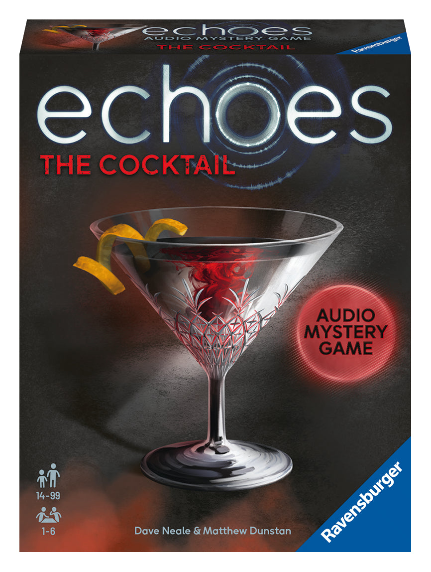Board game cover for 'Echoes The Cocktail' featuring a close-up of a martini glass with a cherry inside, against a dimly lit background.