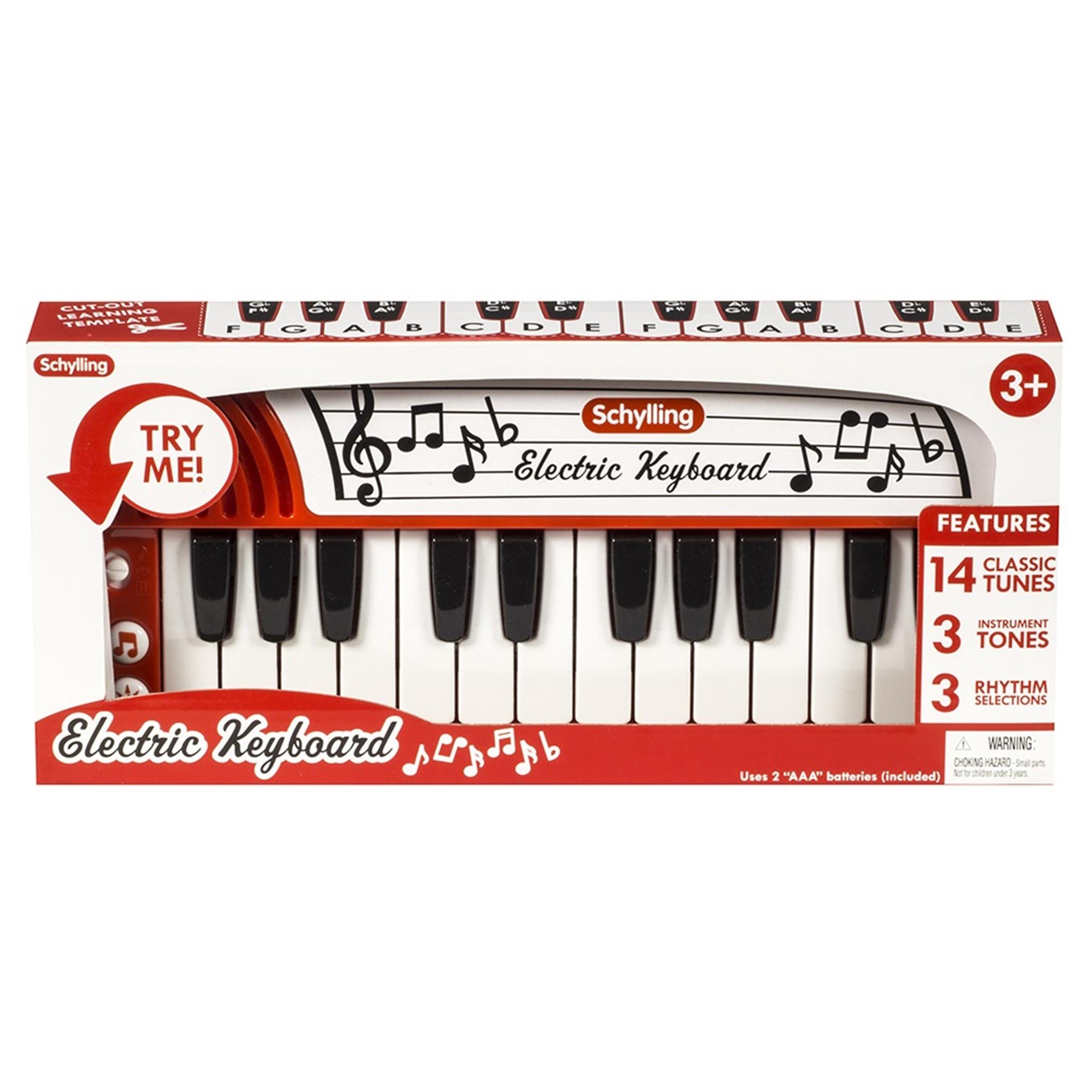 Schylling Electric Keyboard toy with white and black keys, musical notes, and a red "Try Me!" label on packaging.