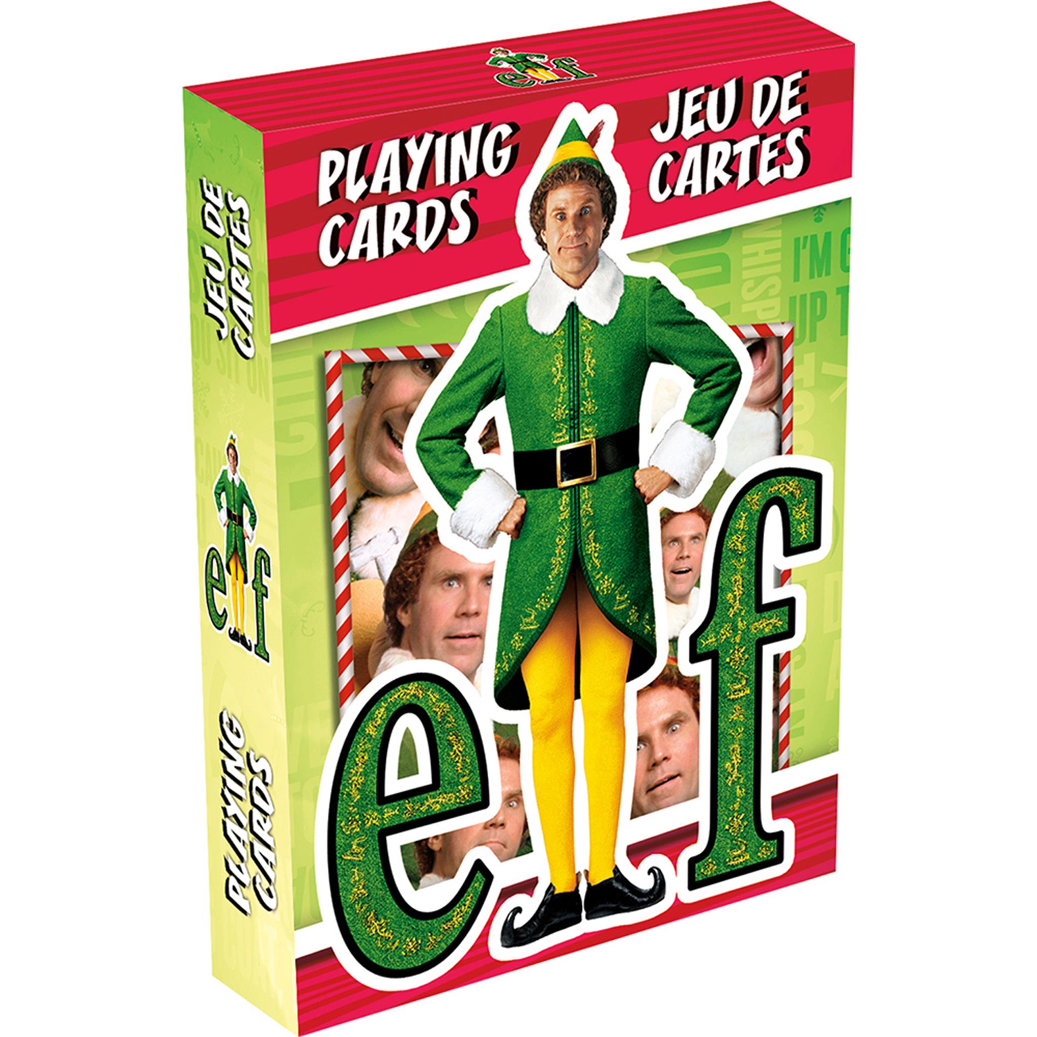 A box of Elf themed playing cards featuring an image of Buddy the Elf in a green suit, with Christmas-themed graphics and text.
