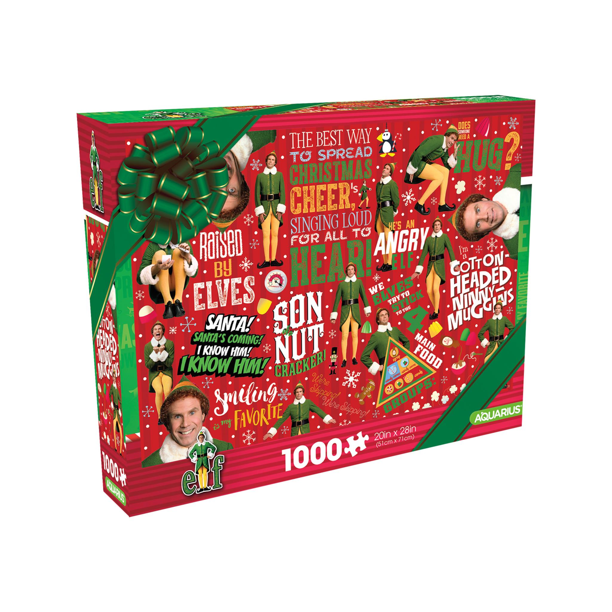 A 1000 piece jigsaw puzzle box with Christmas themed graphics and text, featuring characters from the Elf movie.