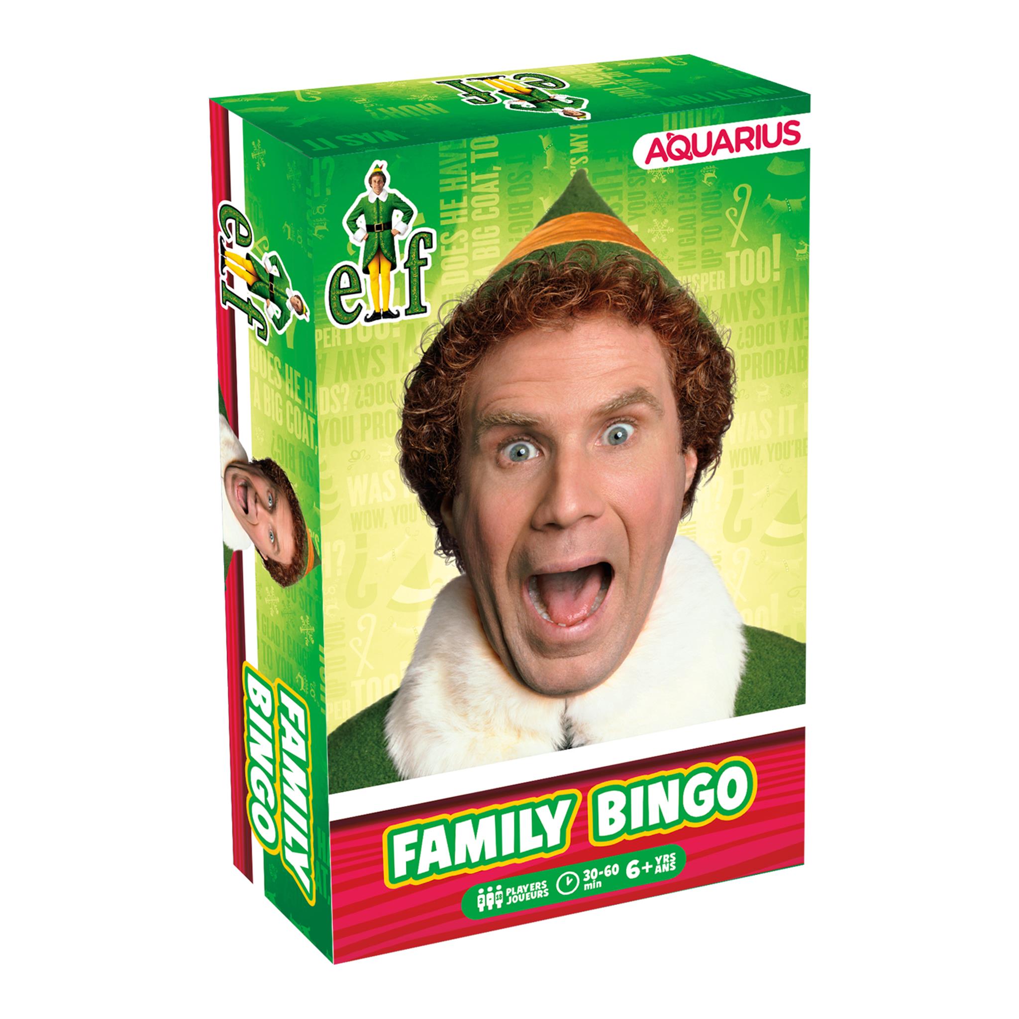 Boxed 'Elf Family Bingo' game featuring an image of the character Buddy the Elf on the packaging with green and red design elements.