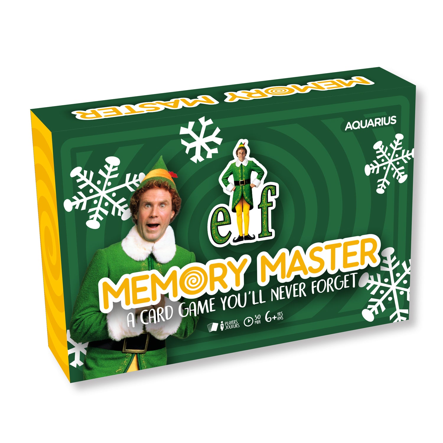 Boxed card game 'Elf Memory Master' featuring an image of a character from the movie Elf on the front, with Christmas-themed decorations and snowflakes.