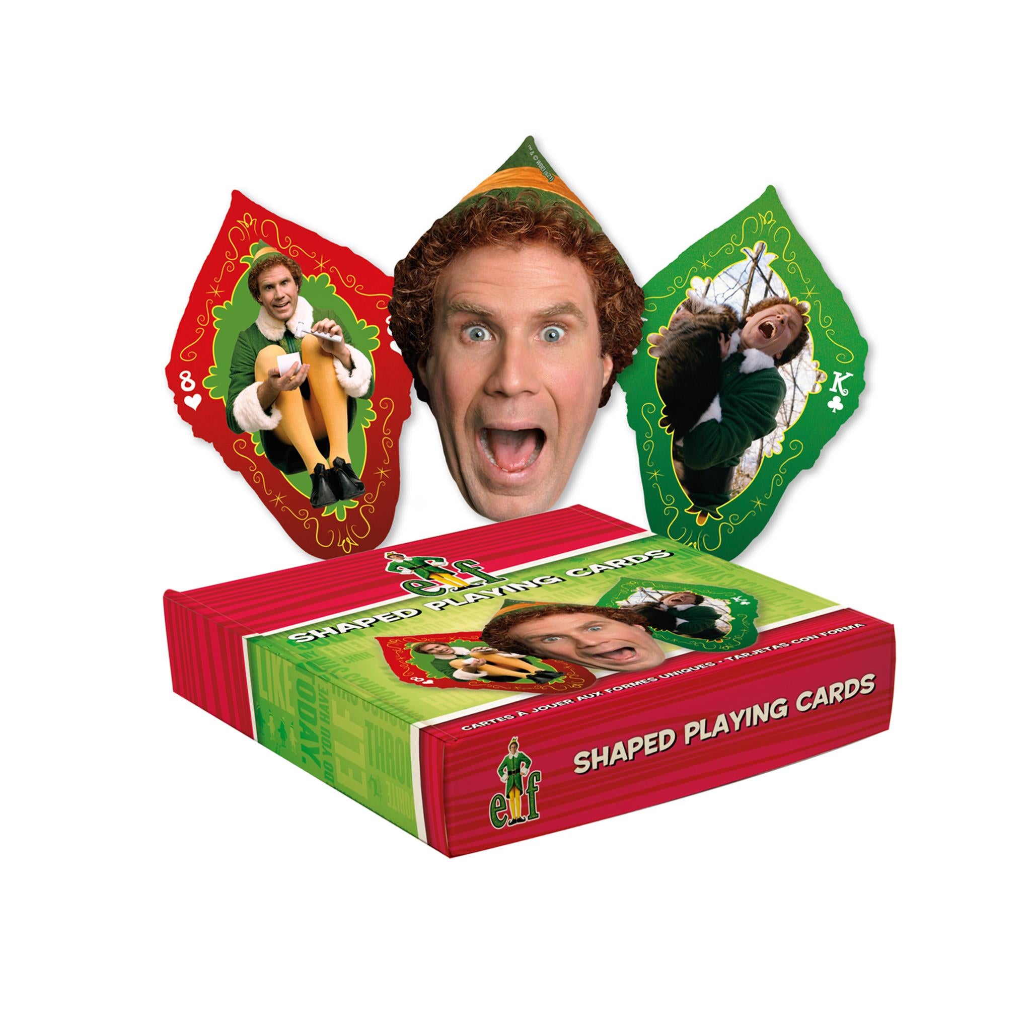 A box of 'Elf Shaped Playing Cards' with images of characters from the movie Elf on the packaging, indicating a unique design for game nights.