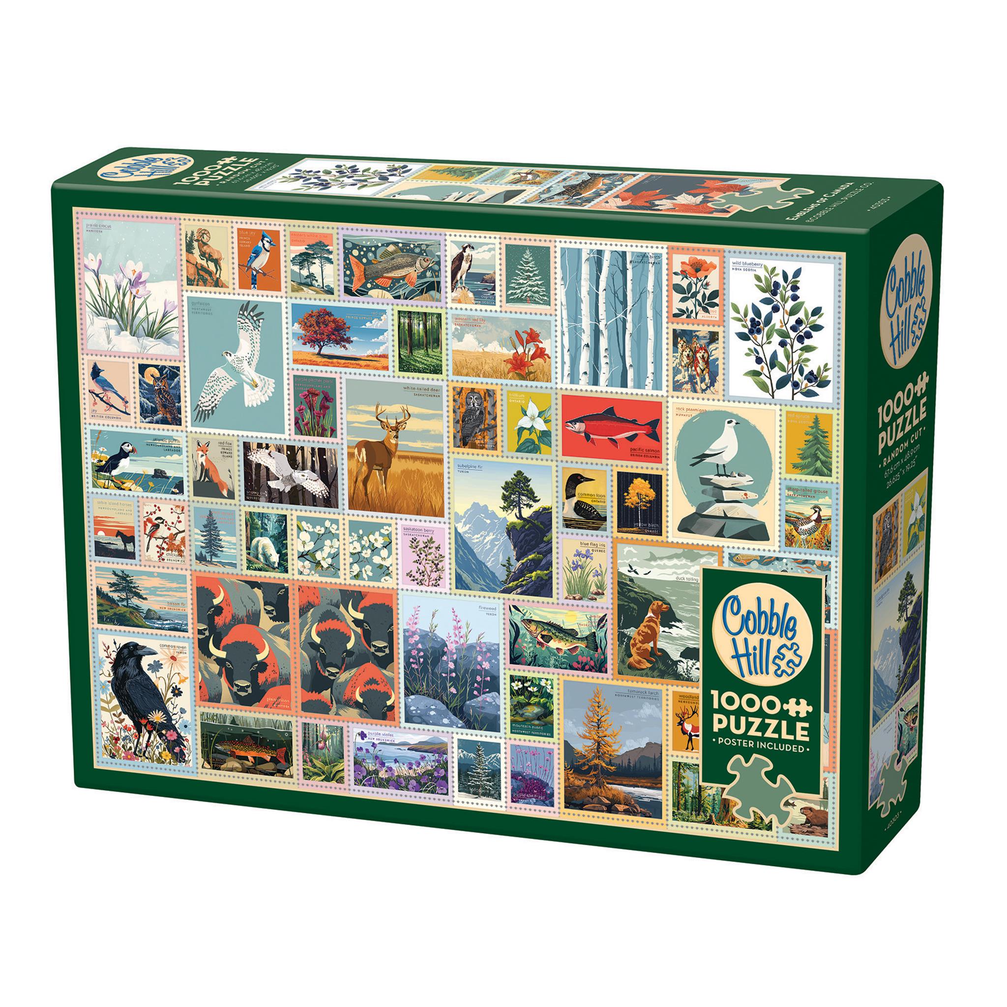 A 1000 piece Cobble Hill jigsaw puzzle box featuring a collage of Canadiana images including wildlife and landscapes.