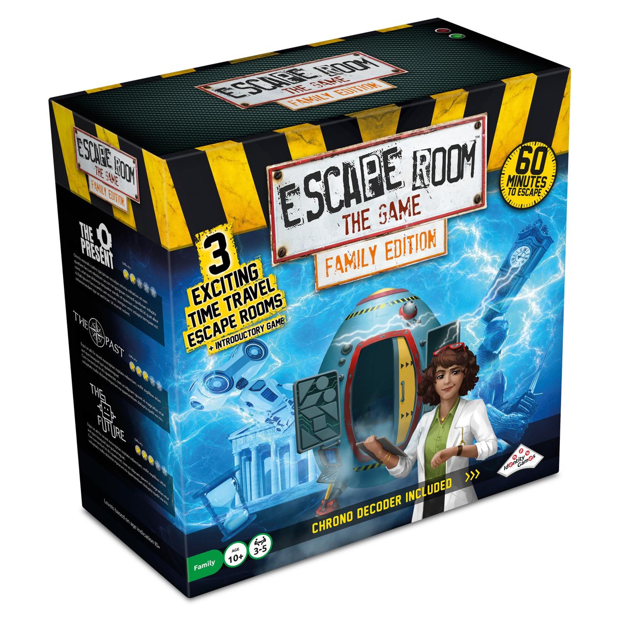 Box cover for 'Escape Room The Game Family Edition' featuring game components like a chronometer, decoder, keys, and hint cards displayed with a thematic escape room design.