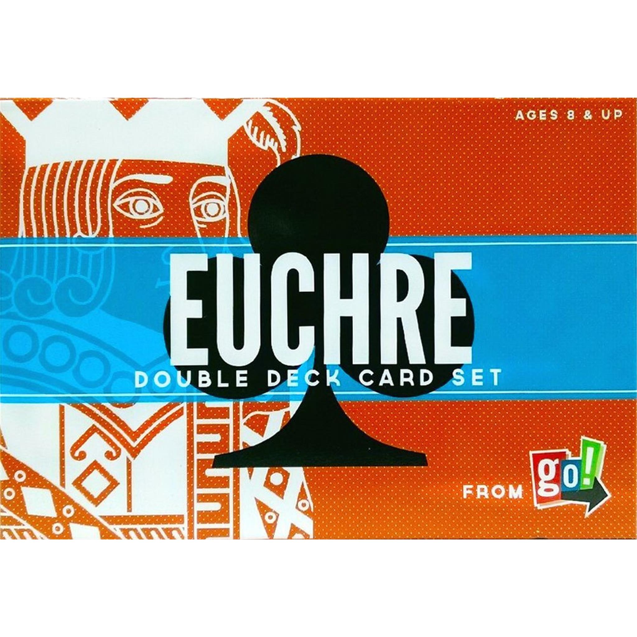 Euchre double deck card game packaging featuring card artwork with geometric patterns and the Go! Games logo.