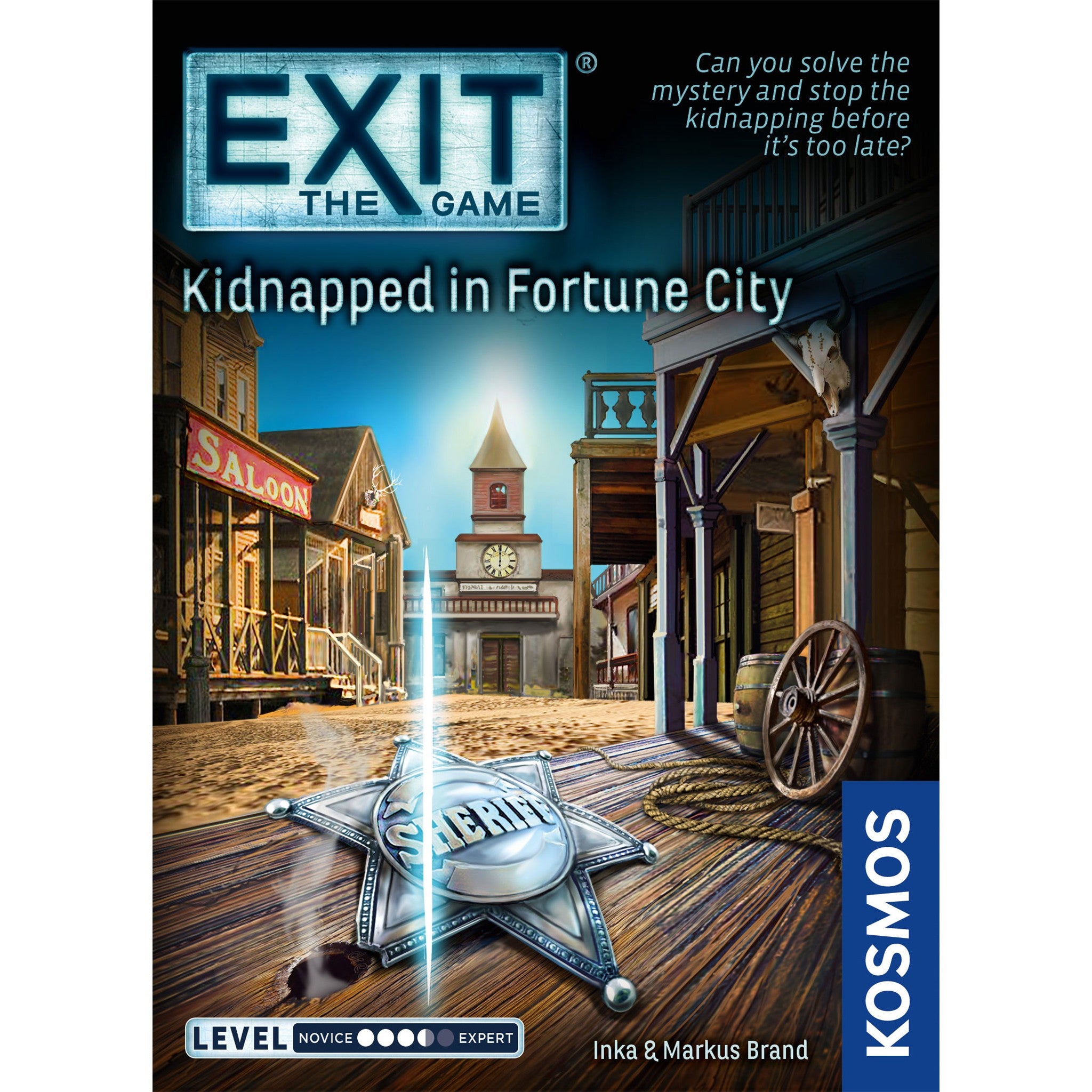 Box cover for the board game EXIT Kidnapped in Fortune City, featuring an illustration of a Wild West town with a prominent sheriffs star and a clock tower.