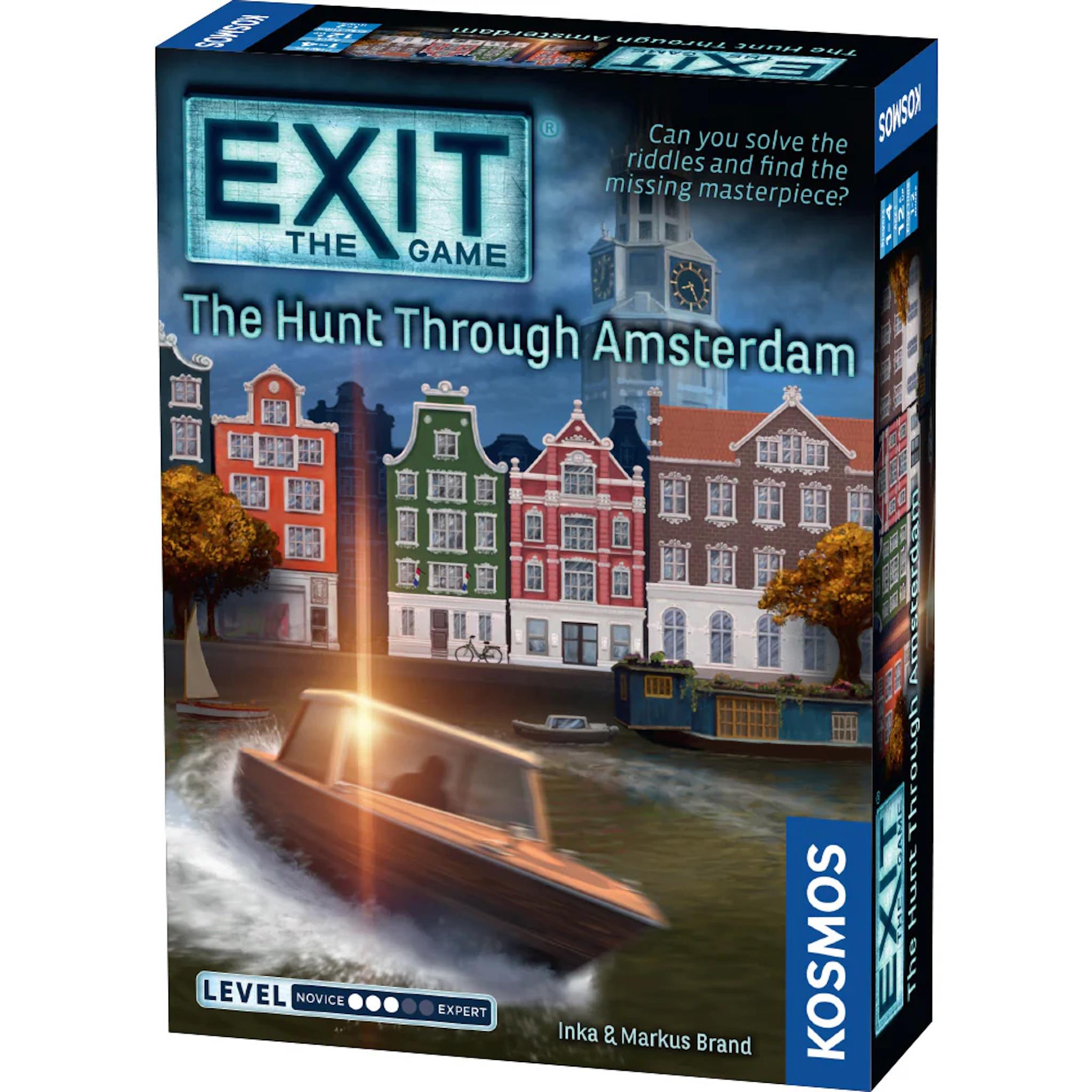 Box cover for the board game 'Exit: The Hunt Through Amsterdam' featuring an illustration of Amsterdam's canals and a boat with a person on the phone.
