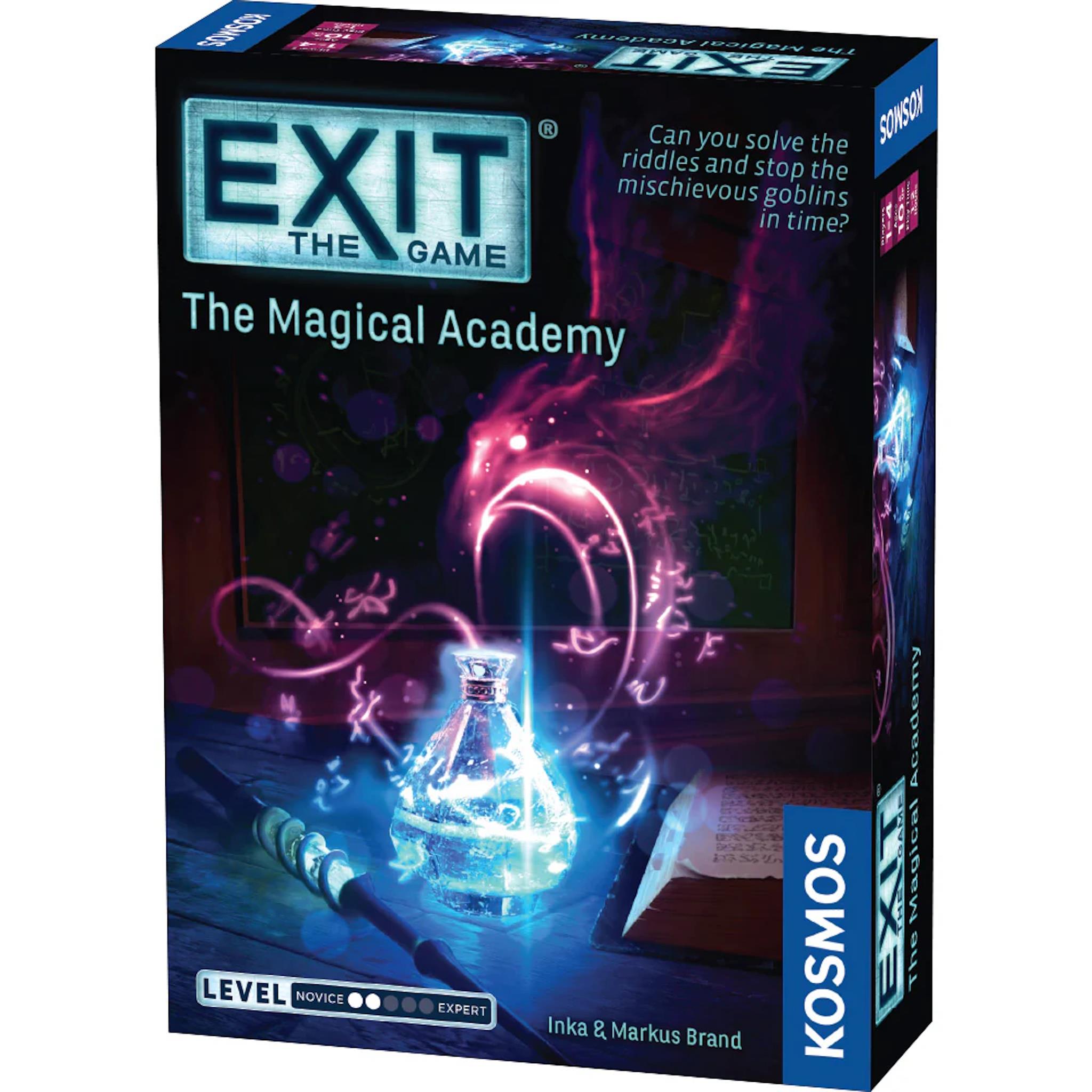 Box cover for 'Exit The Magical Academy' board game, featuring a spellbook and magical elements with a dark academy theme.