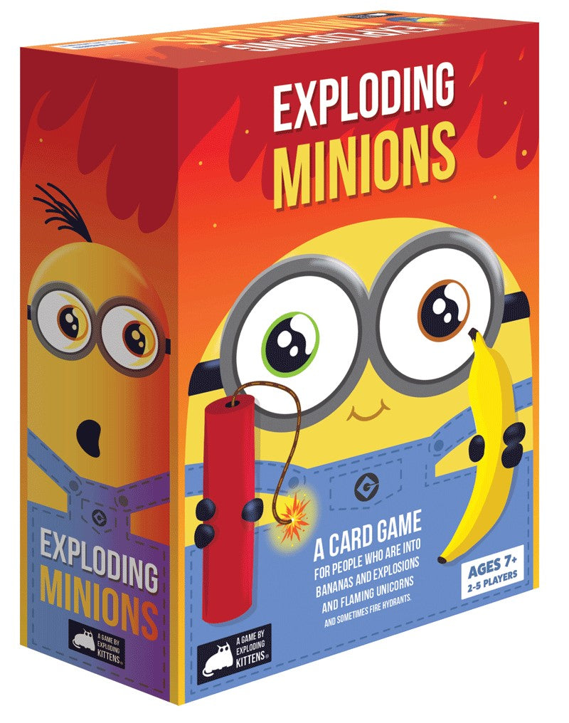 A product image featuring the packaging for the card game 'Exploding Minions'. The box cover displays a cartoon minion character with a banana and a explosion graphic, indicating the game's theme and explosive elements.