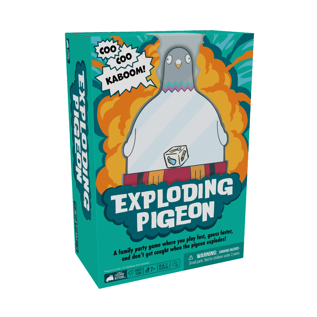 Party game packaged with a green background and a large cartoon pigeon sitting in front of an explosion. Text in starburst "coo coo kaboom" Rated for 3+ players aged 7 and older quick play of 10 minute rounds.