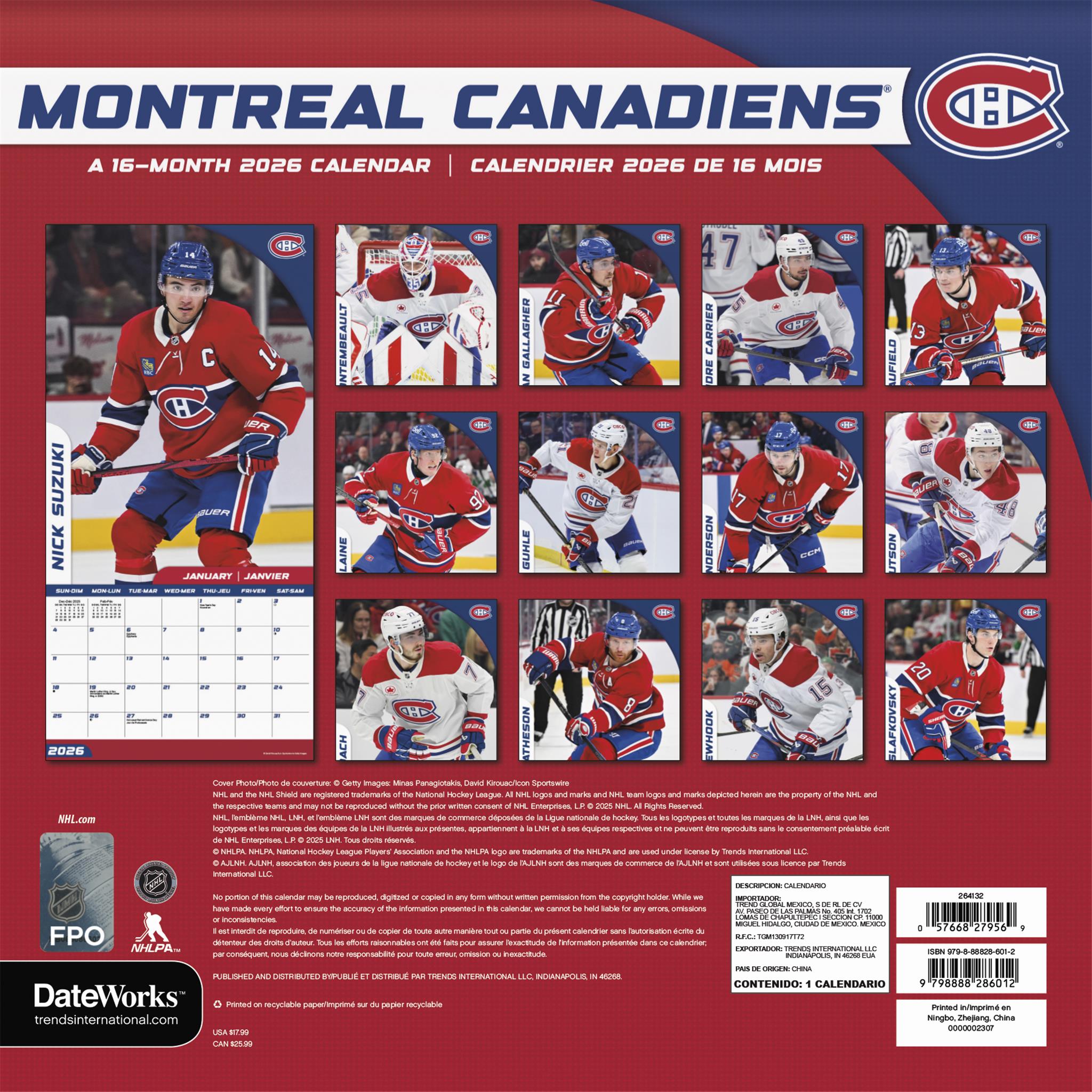 NHL Montreal Canadiens Bilingual 2026 Wall Calendar