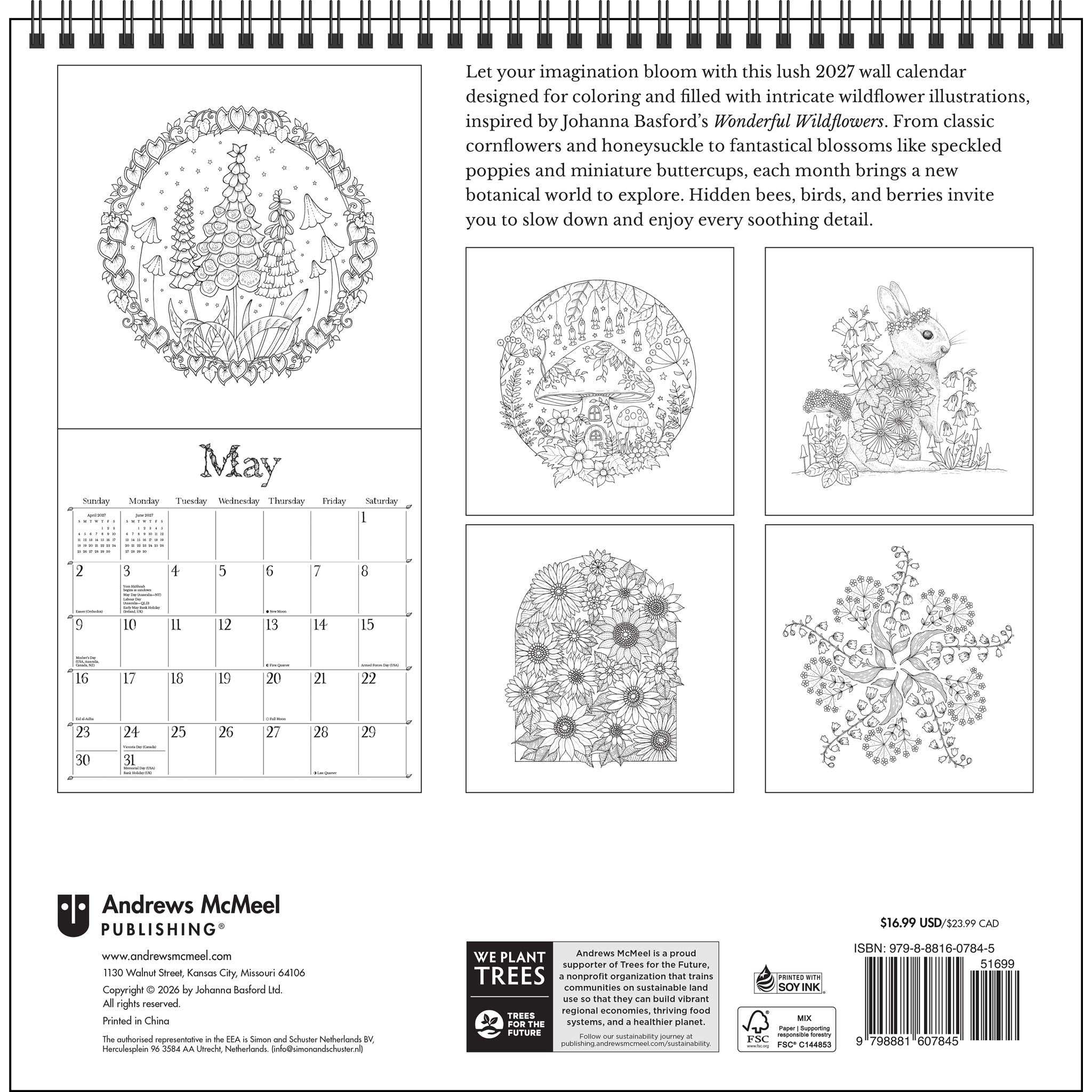Johanna Basford Wonderful Wildflowers Coloring 2027 Wall Calendar