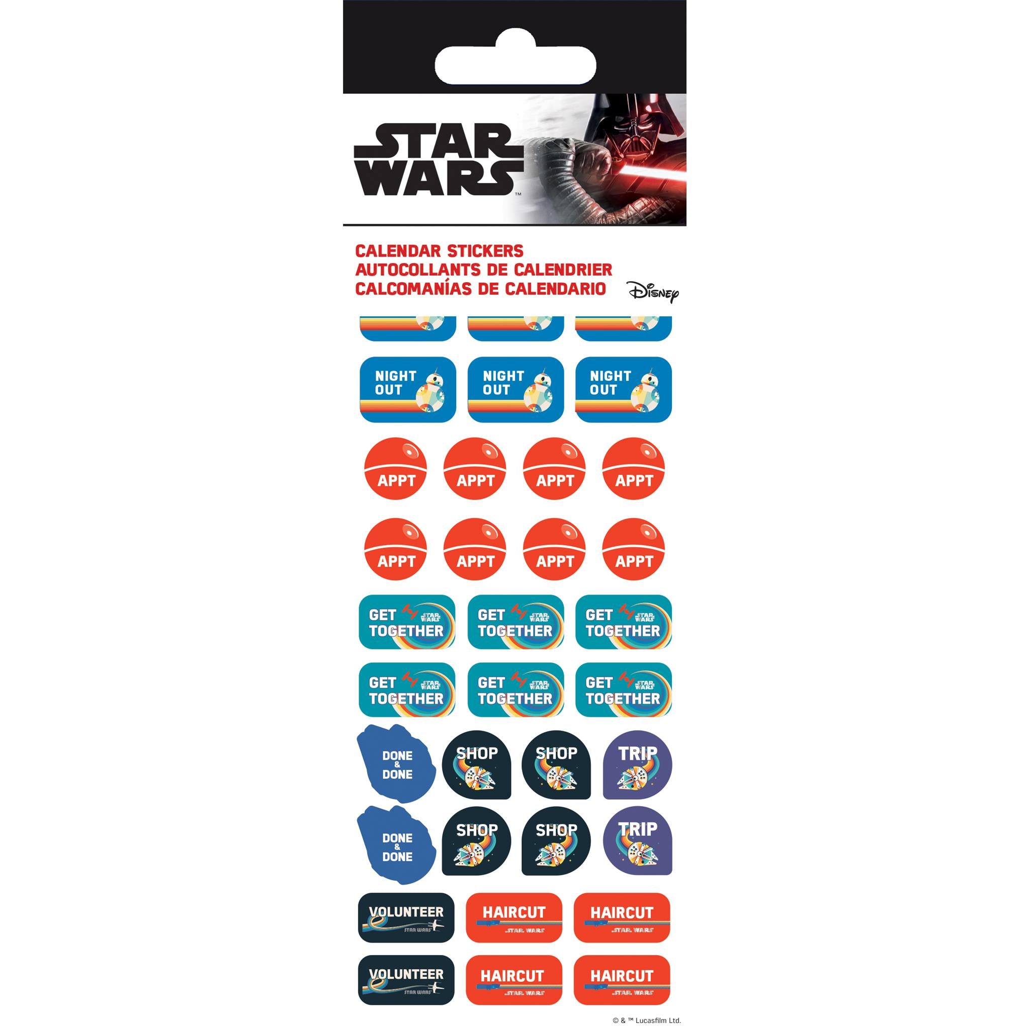 Pack of Star Wars themed calendar reminder stickers with various character motifs.
