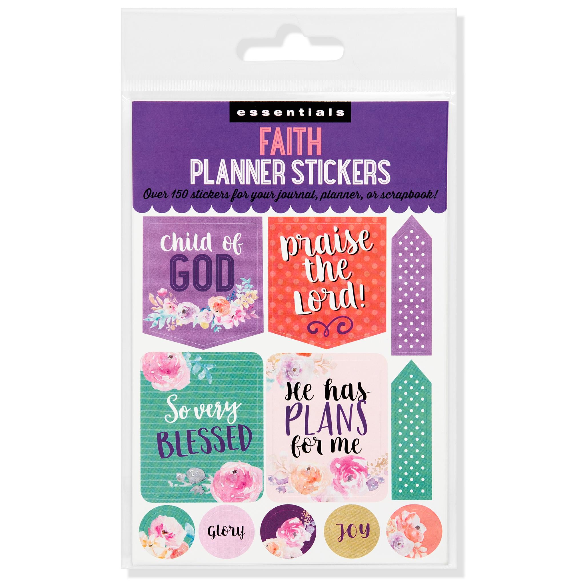 Pack of Faith Planner Stickers with various designs including words like 'Child of God' and 'Praise the Lord', along with symbols like hearts and flowers.