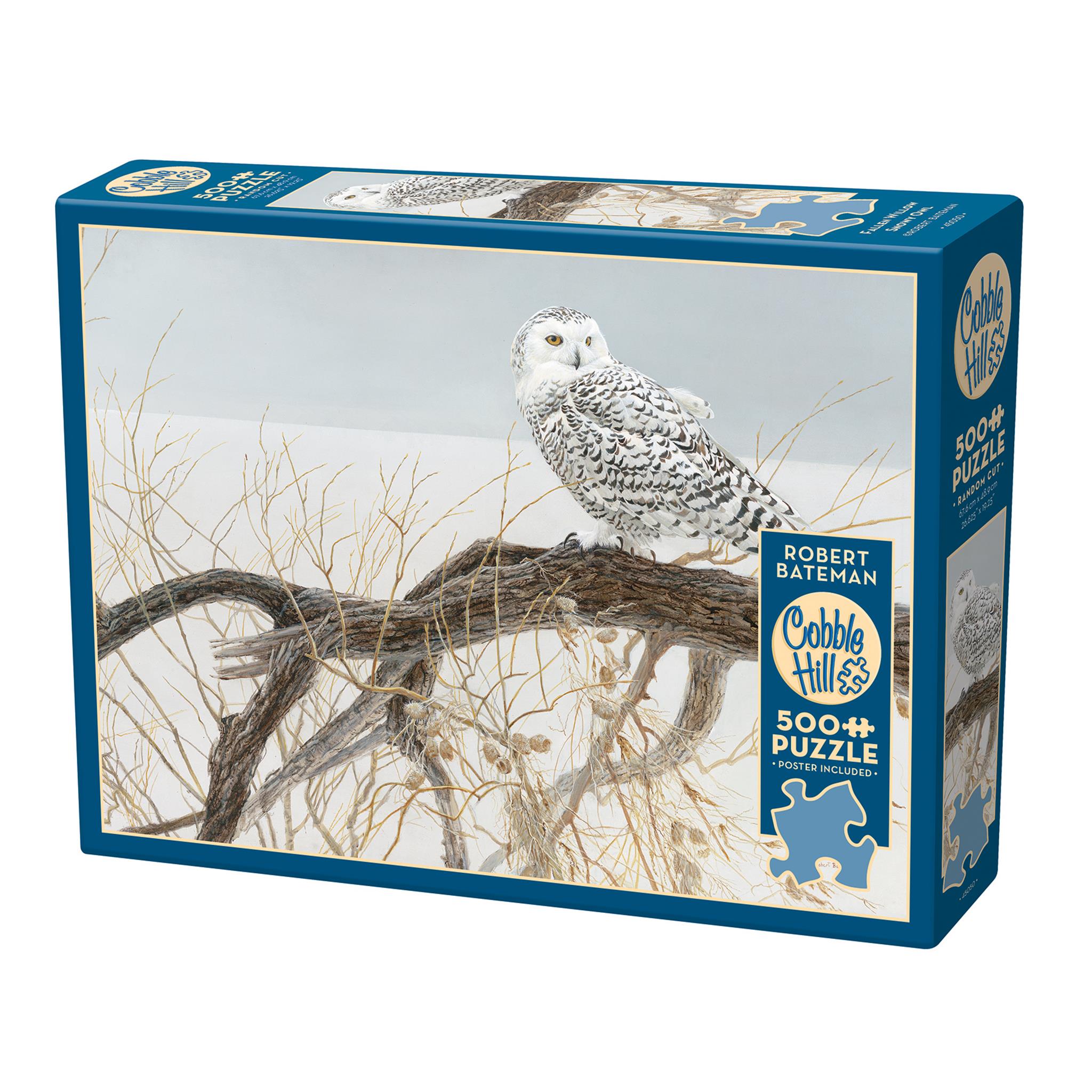 A 500 piece Cobble Hill jigsaw puzzle box featuring an image of a Snowy Owl perched on a branch with a white background.