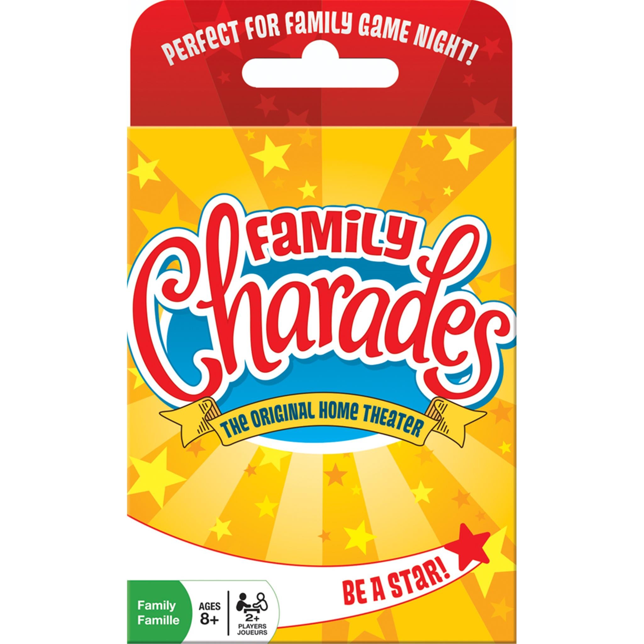Packaging for the game Family Charades, featuring the title in a playful font on a yellow background with stars.