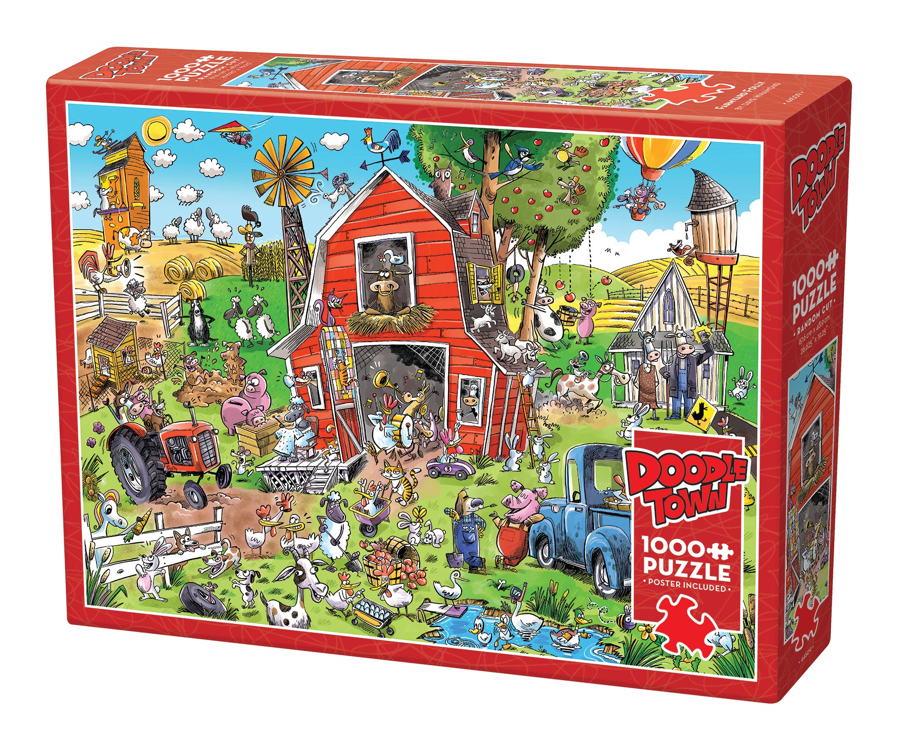 A 1000 piece Doodletown puzzle box featuring a whimsical farmyard scene with various cartoon animals and elements.