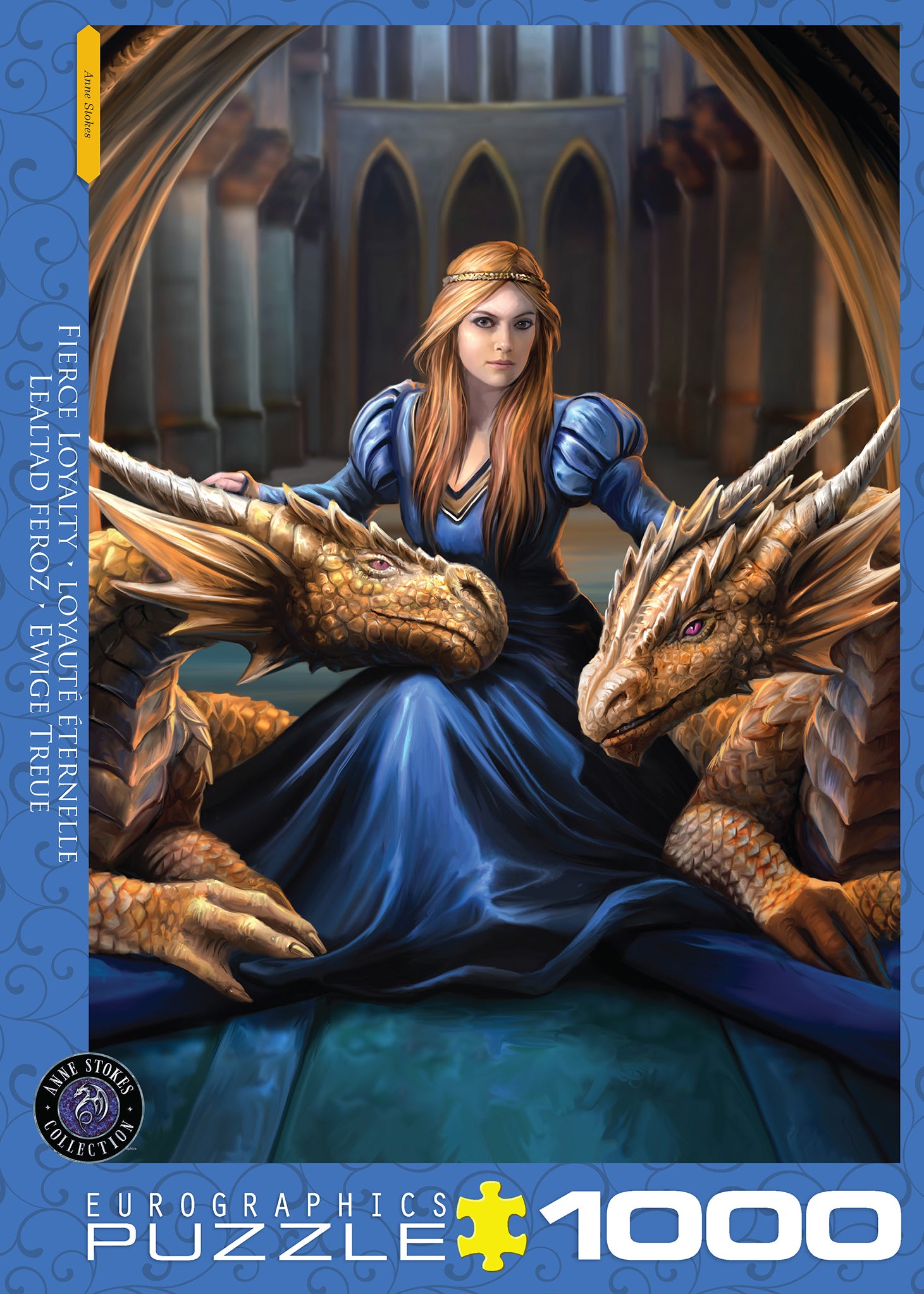 A 1000-piece puzzle depicting a fantasy scene with a young red-haired woman in a blue dress sitting beside two copper-colored dragons, with a gothic styled background.