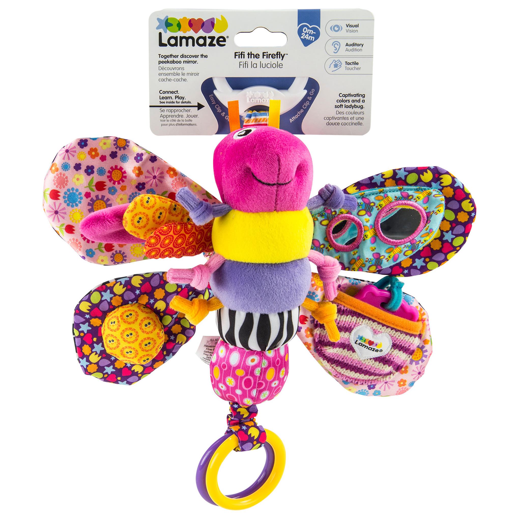A colorful Lamaze Fifi the Firefly sensory toy with a clip for attaching to strollers, featuring patterns and textures for tactile exploration.