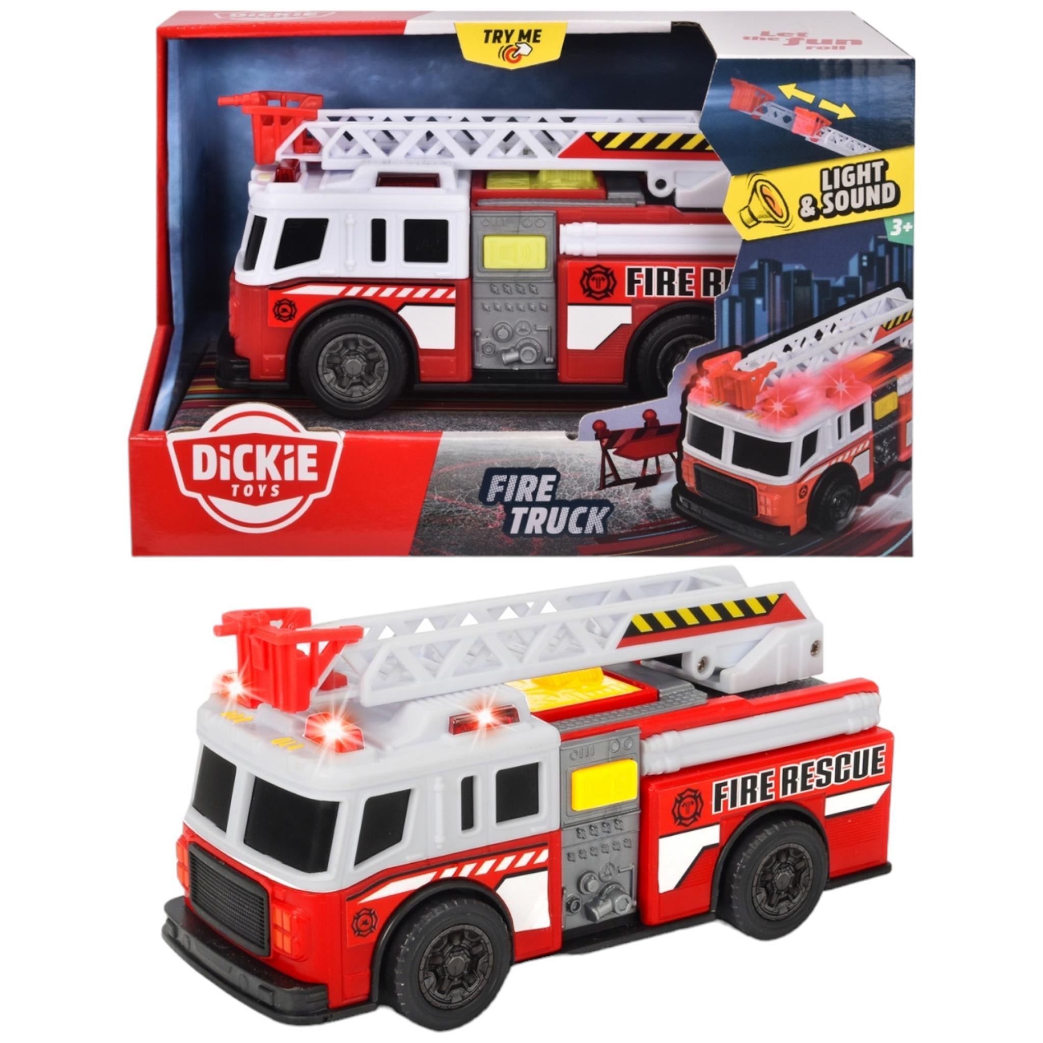 Packaged red firetruck with telescopic ladder. Highlighted Lights and sounds
