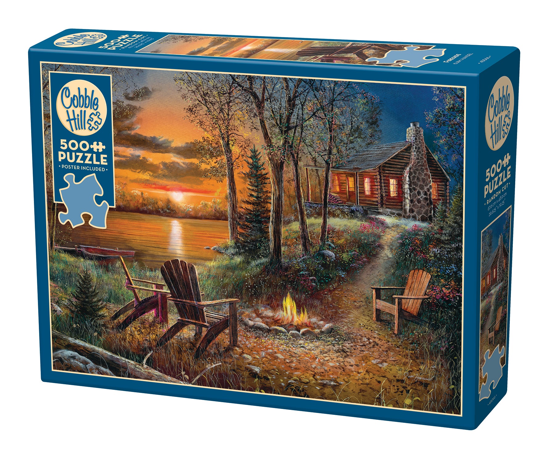 A 500 piece Cobble Hill jigsaw puzzle box featuring an illustrated scene with a cabin, campfire, and Adirondack chairs.
