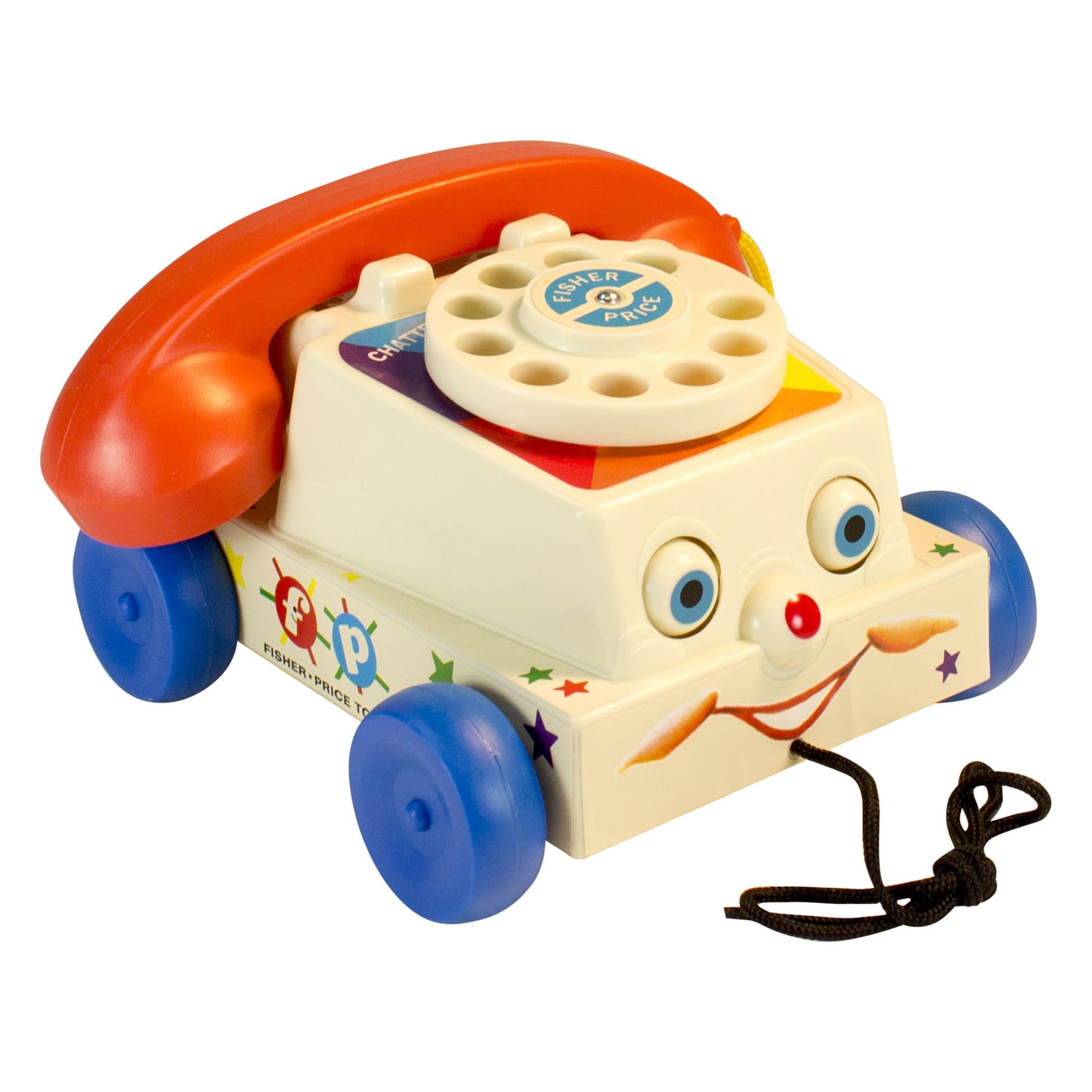 A classic Fisher Price Chatter Phone toy with a friendly face, colorful features, and a rotary dial. It has large blue wheels and is designed for young children.