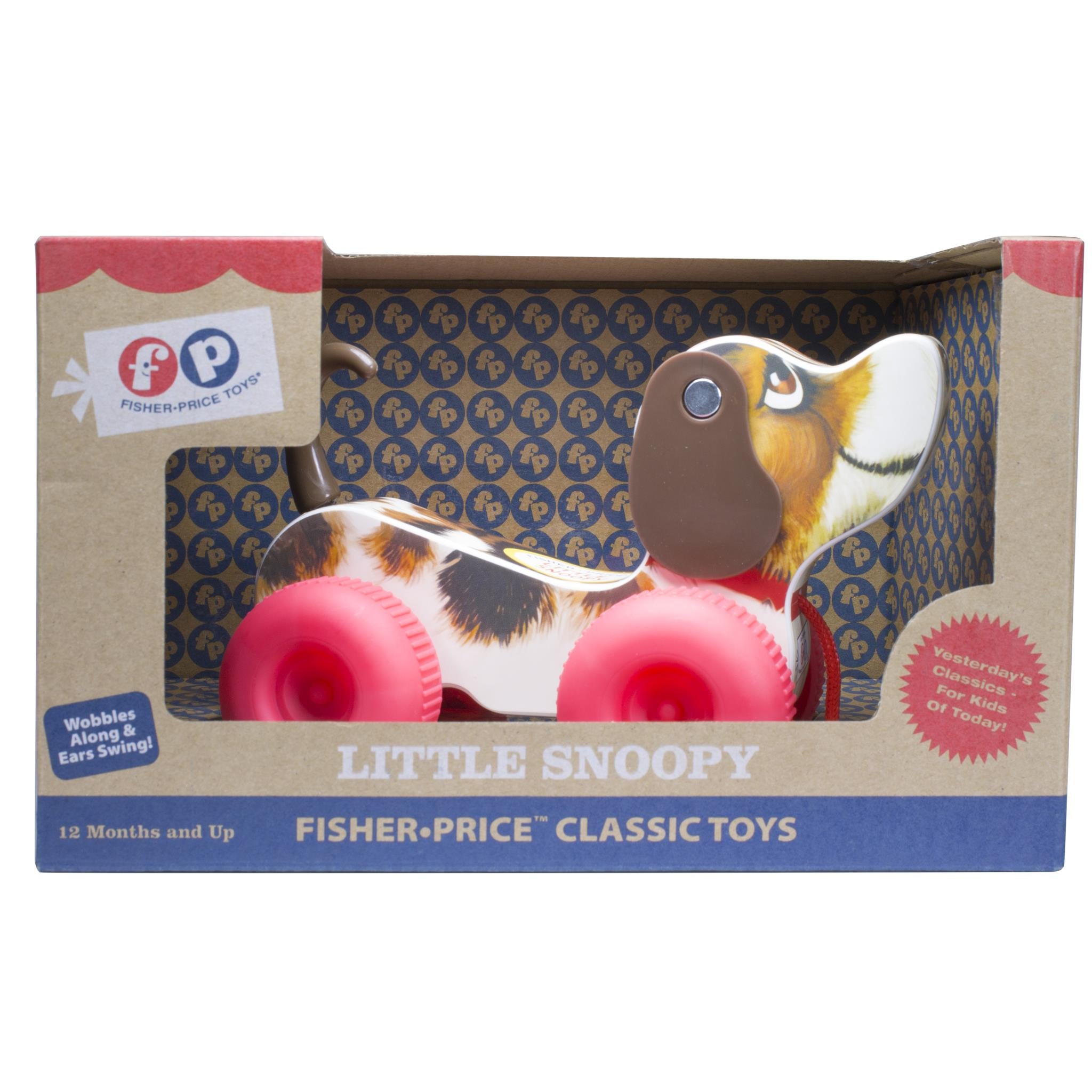 Packaged Fisher Price Little Snoopy toy visible through a clear plastic window on the box, showing the toy with red wheels and a brown and white dog design.