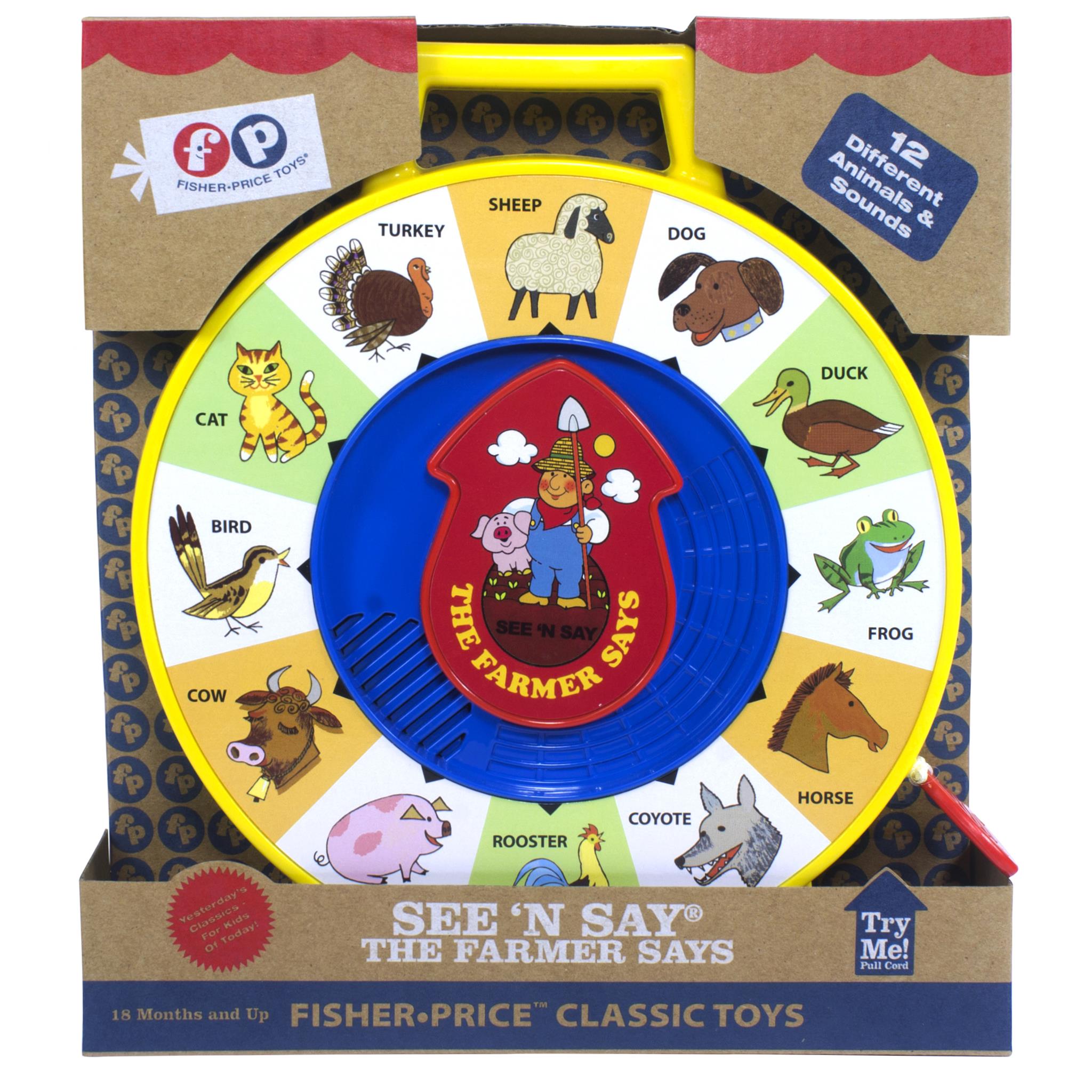 Fisher Price See N Say educational toy featuring a colorful spinning wheel with illustrations of animals and the text 'The Farmer Says'. The toy is designed for toddlers and has a plastic handle.