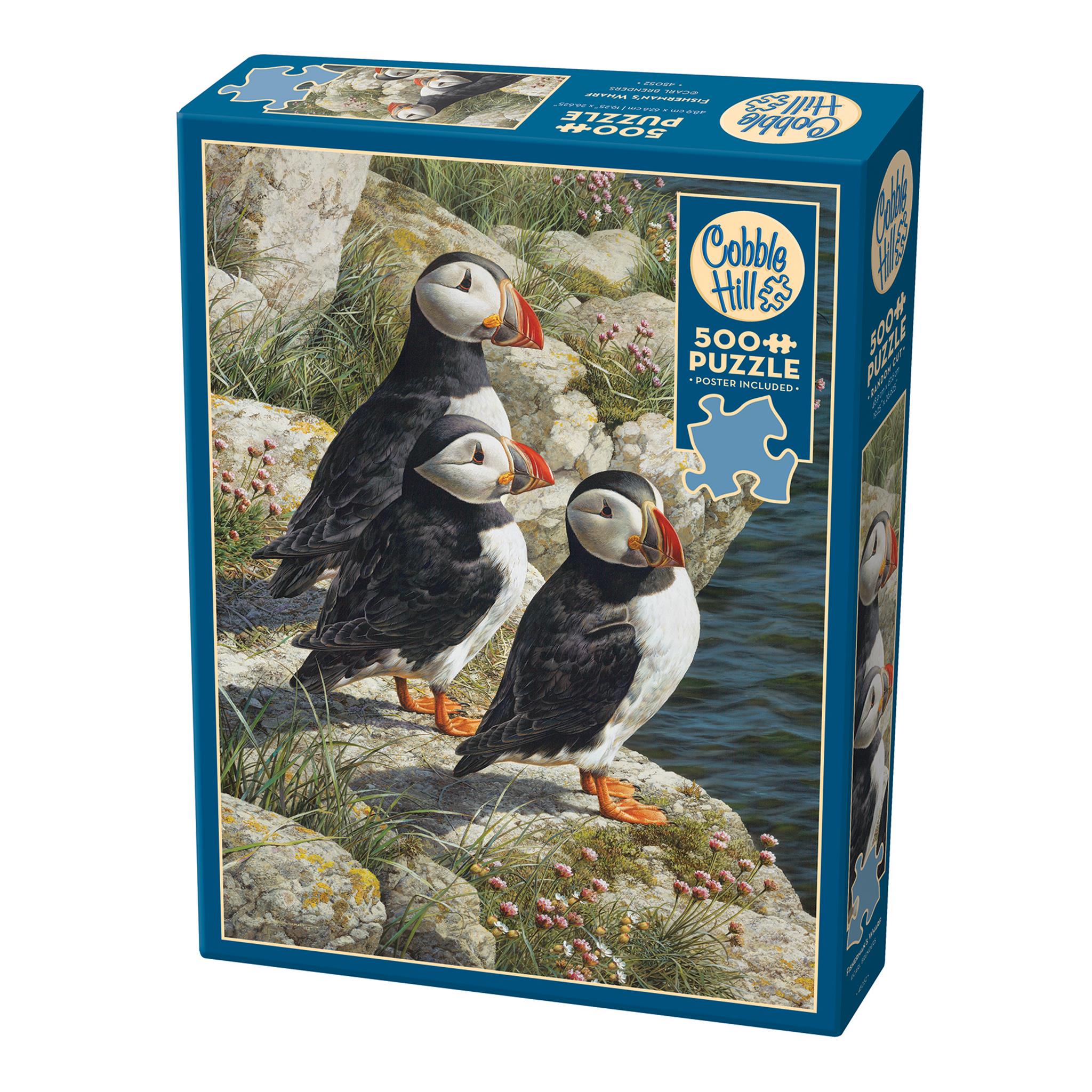 A 500 piece Cobble Hill jigsaw puzzle box featuring an image of three puffins on a rock.