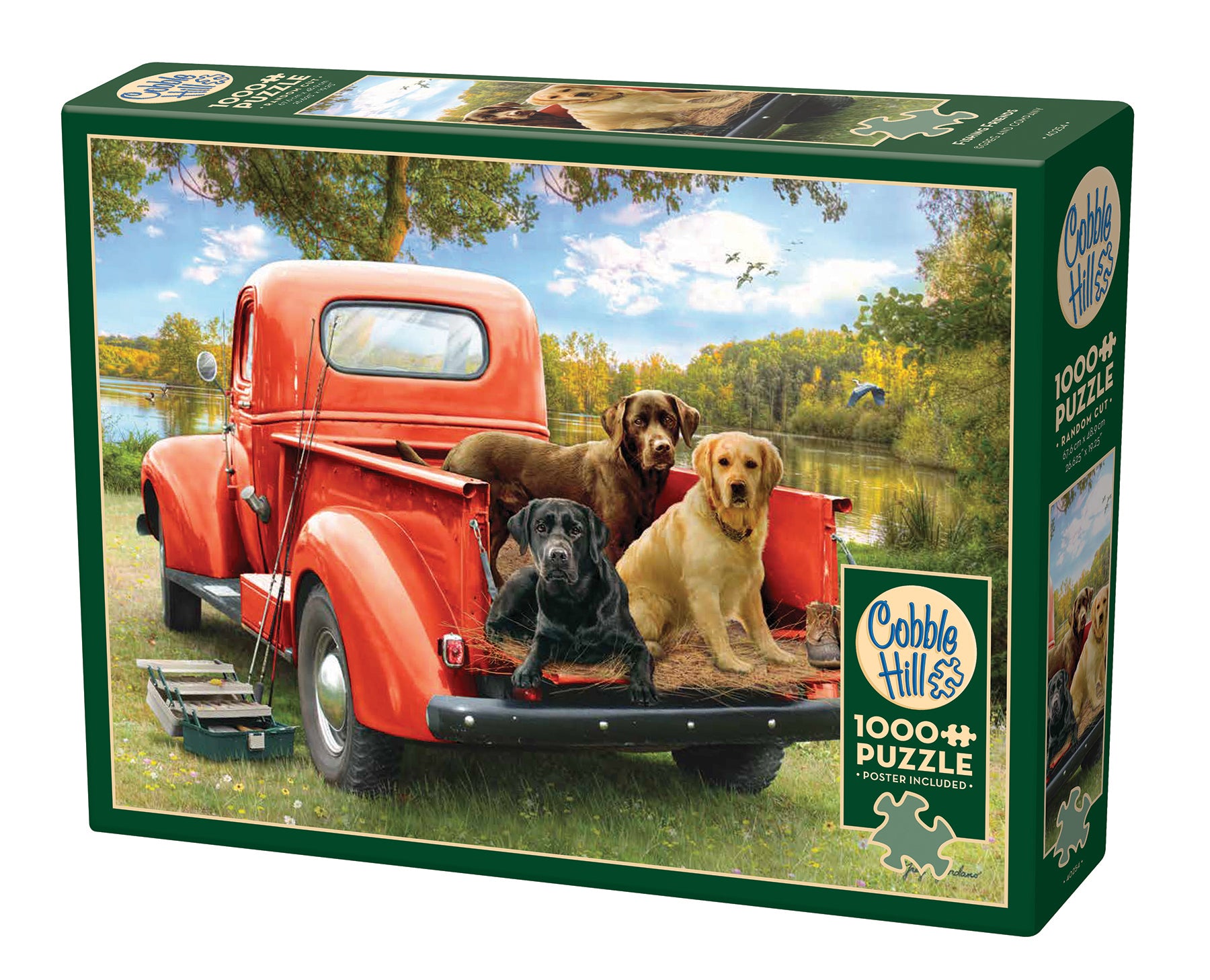A 1000-piece Cobble Hill jigsaw puzzle box featuring an illustration of a red truck with a dog and a cat sitting on the back, in a field with trees in the background.