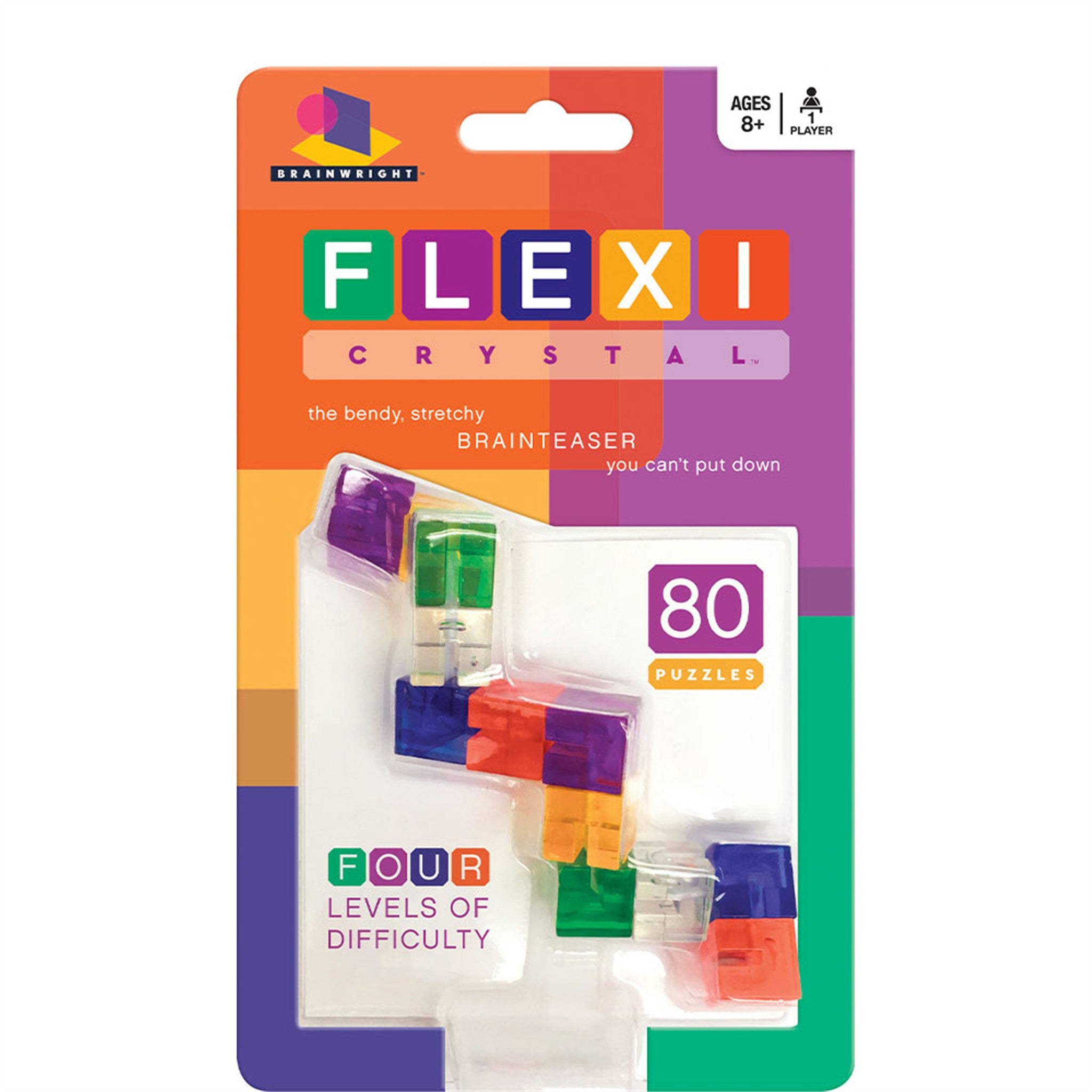 Packaged brain teaser toy with colorful pieces on a white background