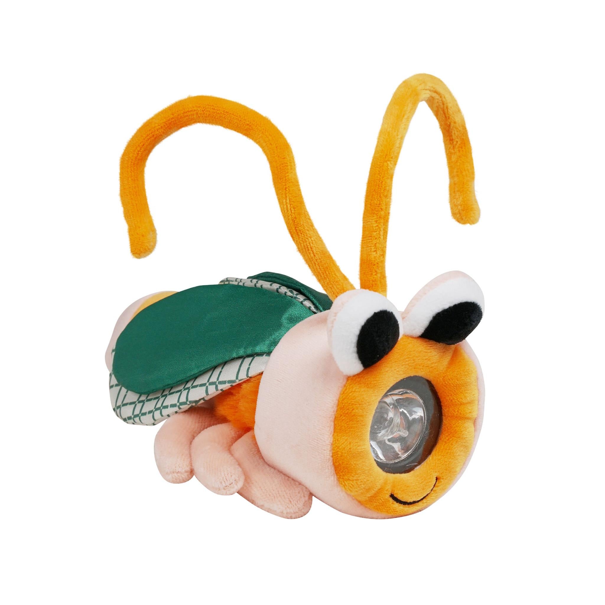 A plush toy resembling a firefly with a built-in flashlight head.