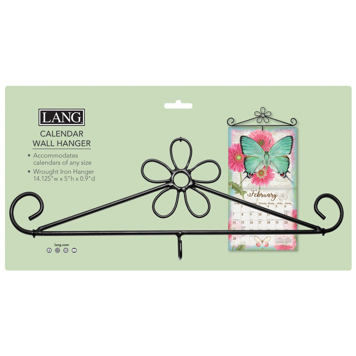 A black wrought iron calendar hanger with a flower design at the top.