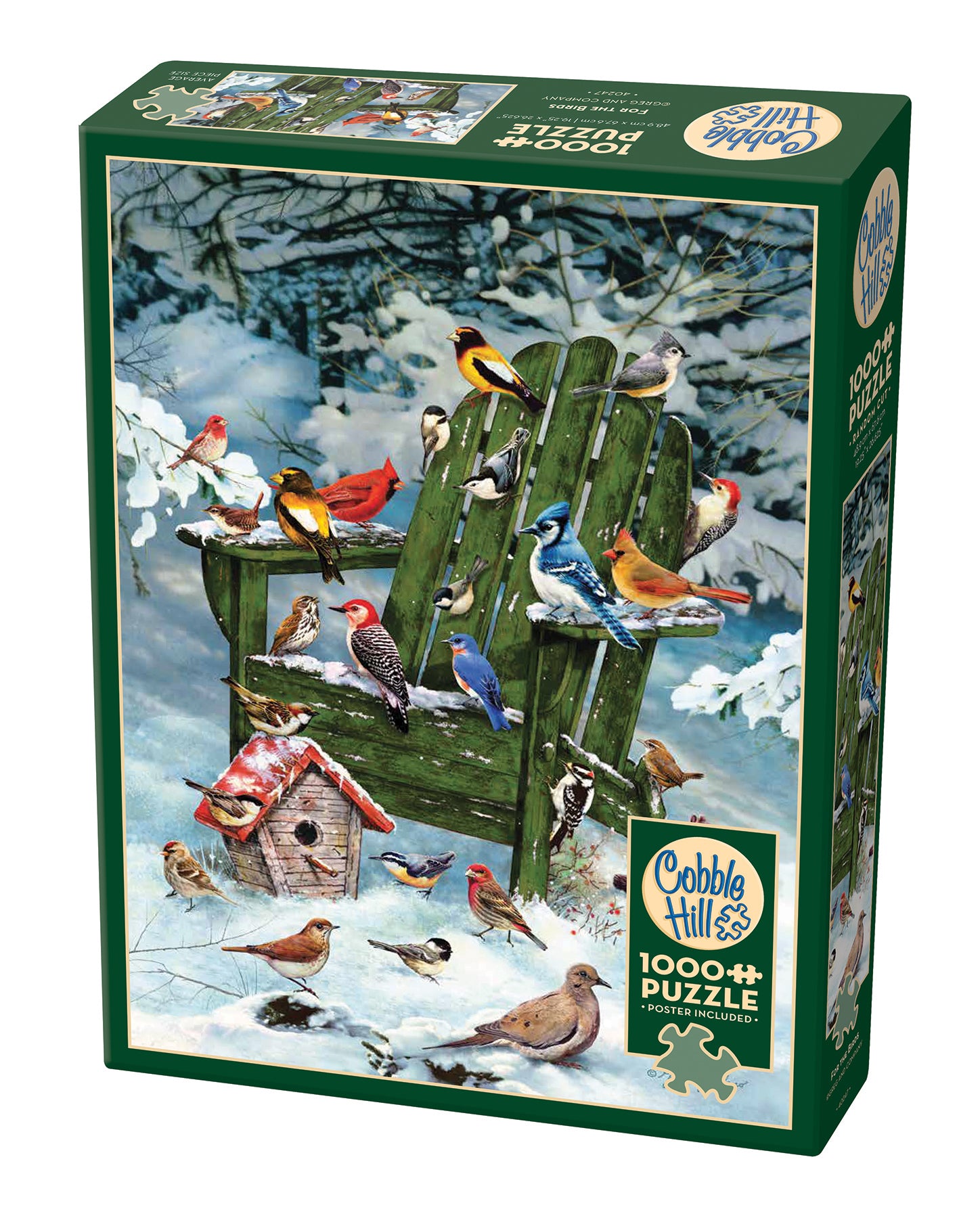 A 1000 piece Cobble Hill jigsaw puzzle box featuring an illustrated scene with various birds sitting on a Adirondack chair in the snow.