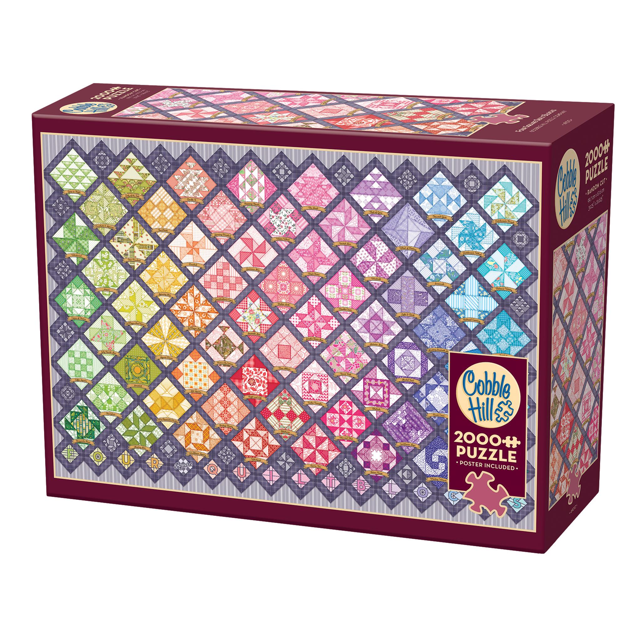 A 2000 piece Cobble Hill jigsaw puzzle box featuring a colorful gradient quilt pattern design.