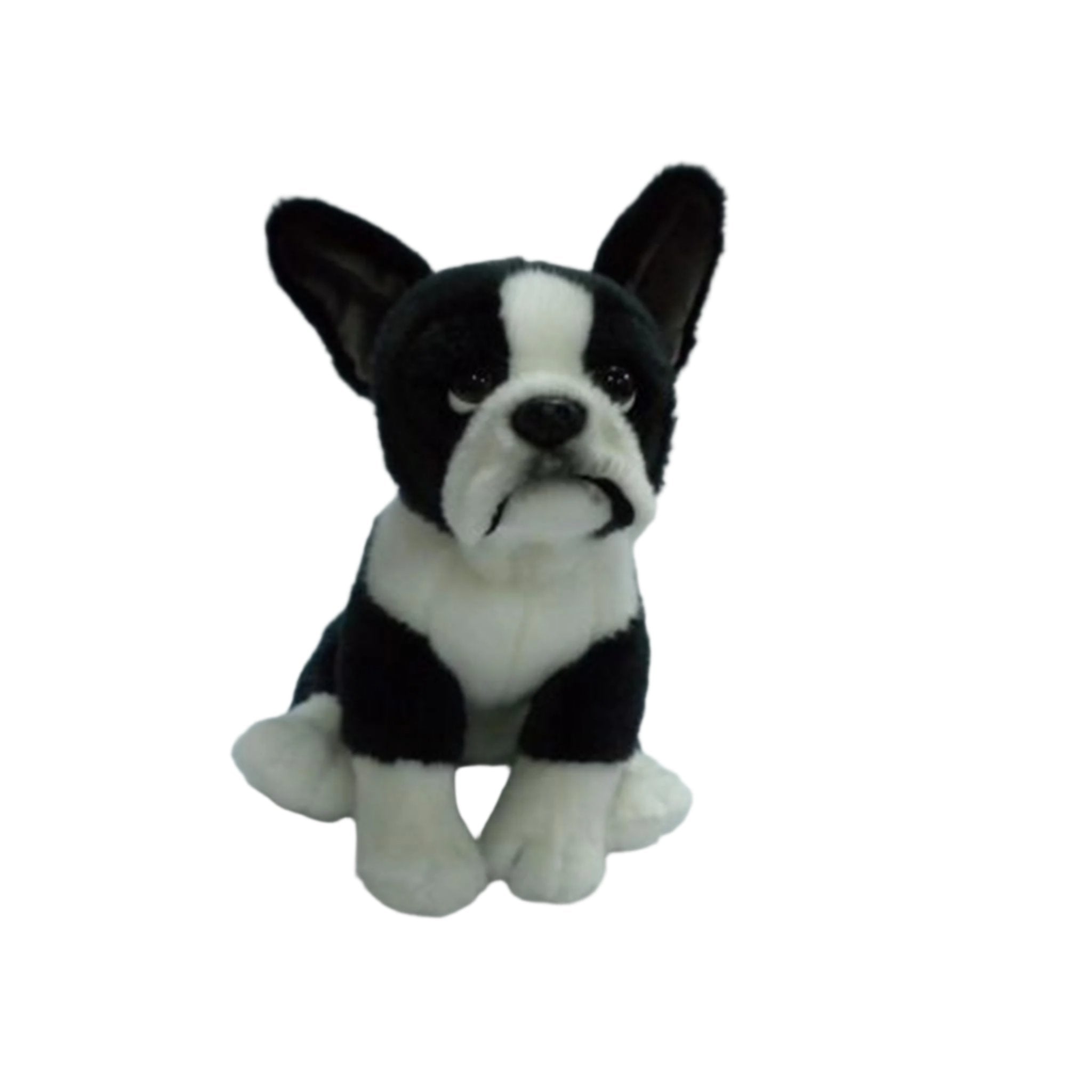 A plush toy resembling a French Bulldog, primarily black and white in color, with a soft fabric body.