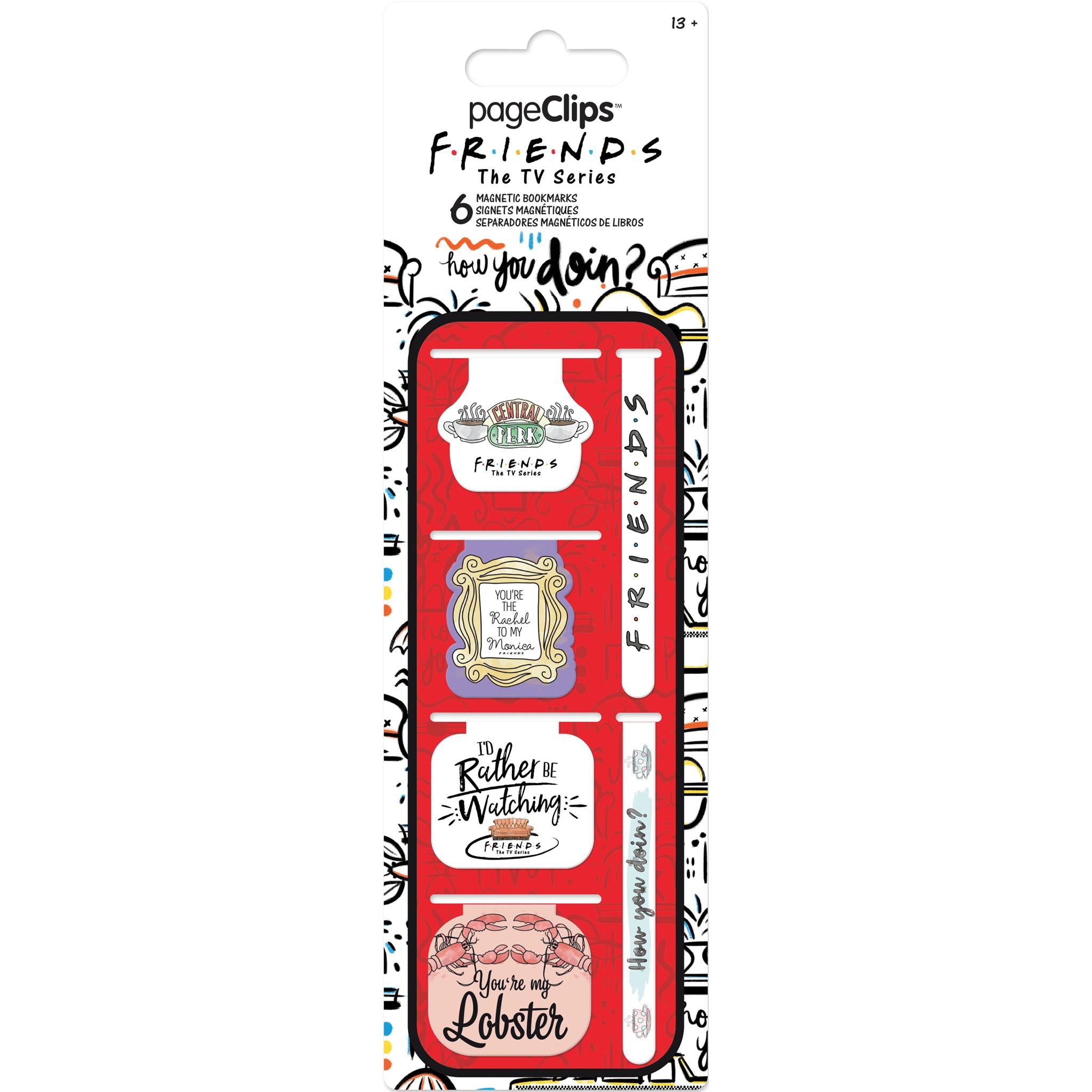 Packaging for Friends Magnetic Page Clips featuring six die-cut shapes inspired by the TV show Friends, with vibrant colors and playful designs.