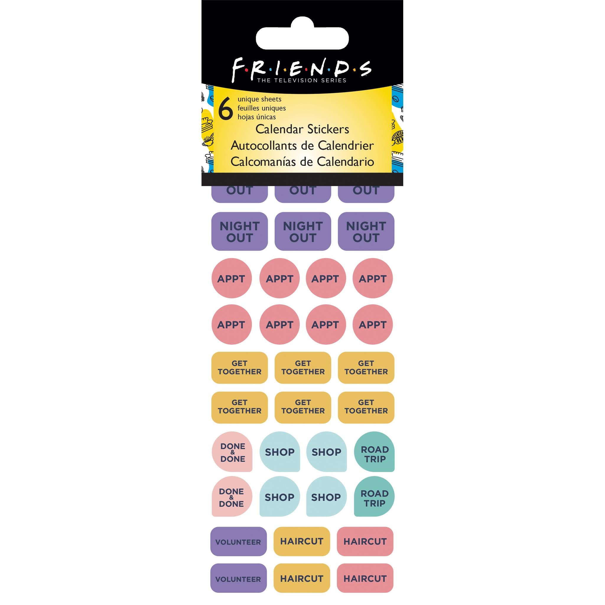 A package of Friends Tv show -themed calendar stickers featuring various colorful stickers with text reminders such as 'Night Out', 'Appointments', and 'Shop'.