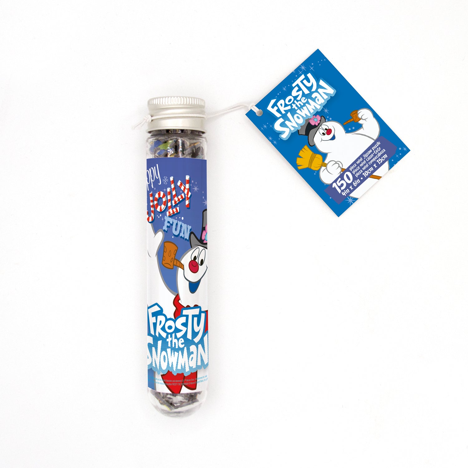 A packaged jigsaw puzzle featuring an illustrated image of Frosty the Snowman, titled 'Frosty Micro', in a clear plastic tube with a blue cap, also including a card with the puzzle's name and branding.